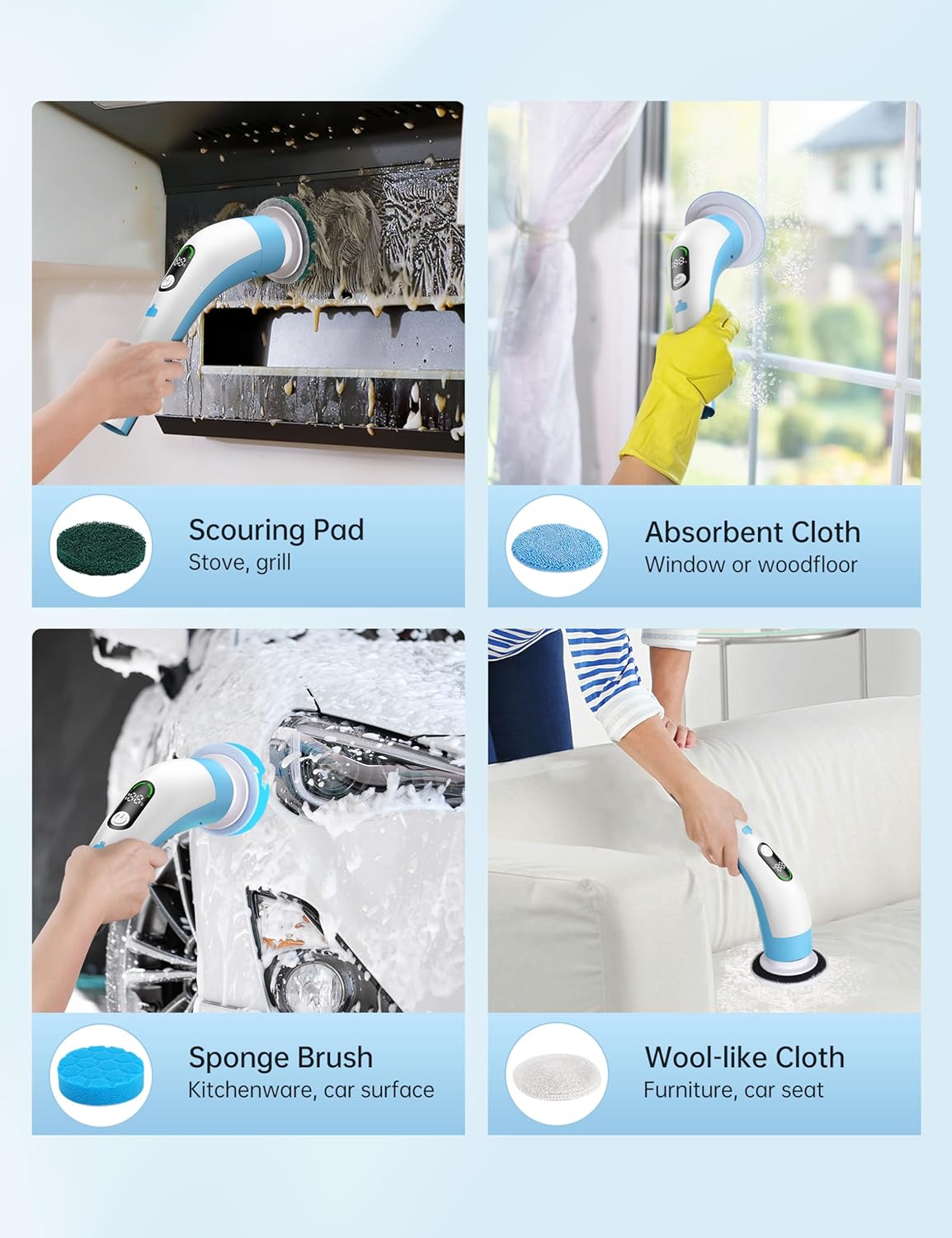 Electric Spin Scrubber with LED Display, IPX7 Waterproof Powerful Shower Scrubber, 2H Runtime, 2 Speeds, Adjustable Handle, 8 Brush Heads for Bathtub Tile Car-Blue and White - Image 8