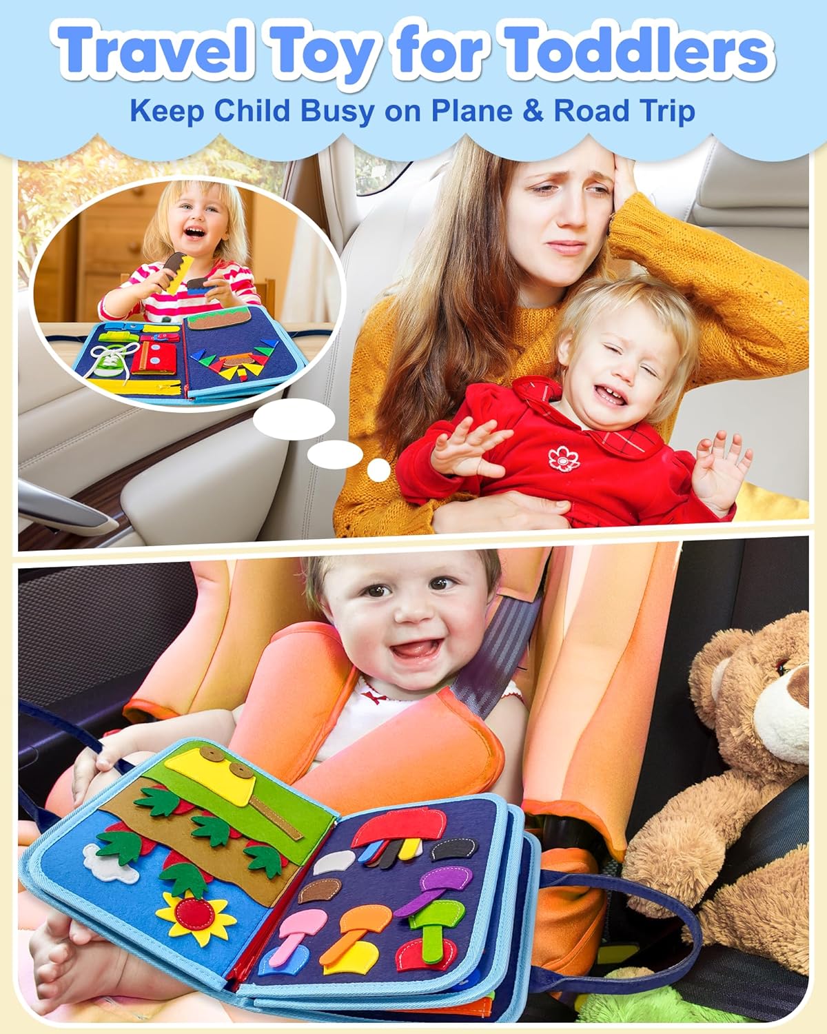 Exorany Busy Board Montessori Toys for Toddler Boy Birthday Gifts, Busy Book Sensory Learning Toys for Toddlers, Toddler Boy Airplane Car Travel Toy Educational Activities - Image 3