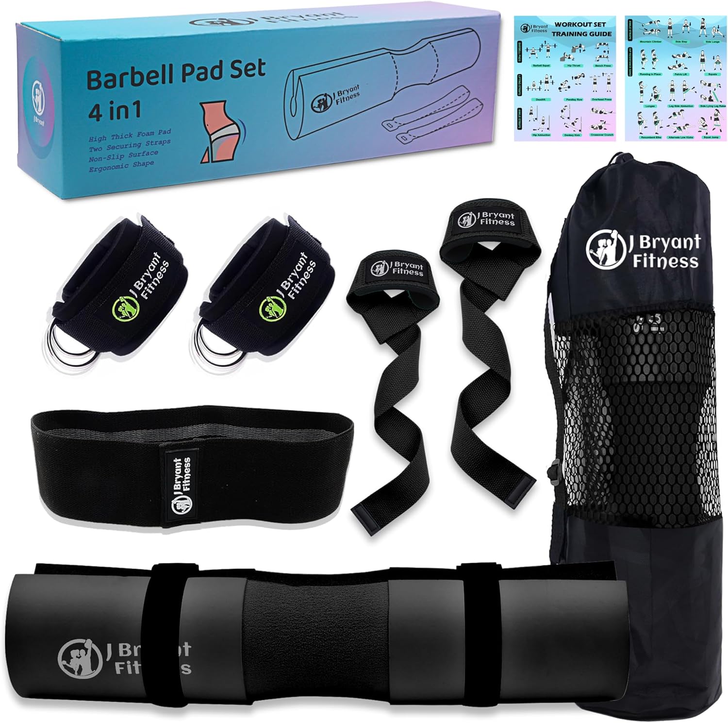 J Bryant Barbell Pad Set with 2 Ankle Straps for Cable Machines Hip Resistance Band Weight Lifting Straps Thick Cushion Hip-Thrusts Pad with Carry Bag for Squats Bench Press Workout - Image 2