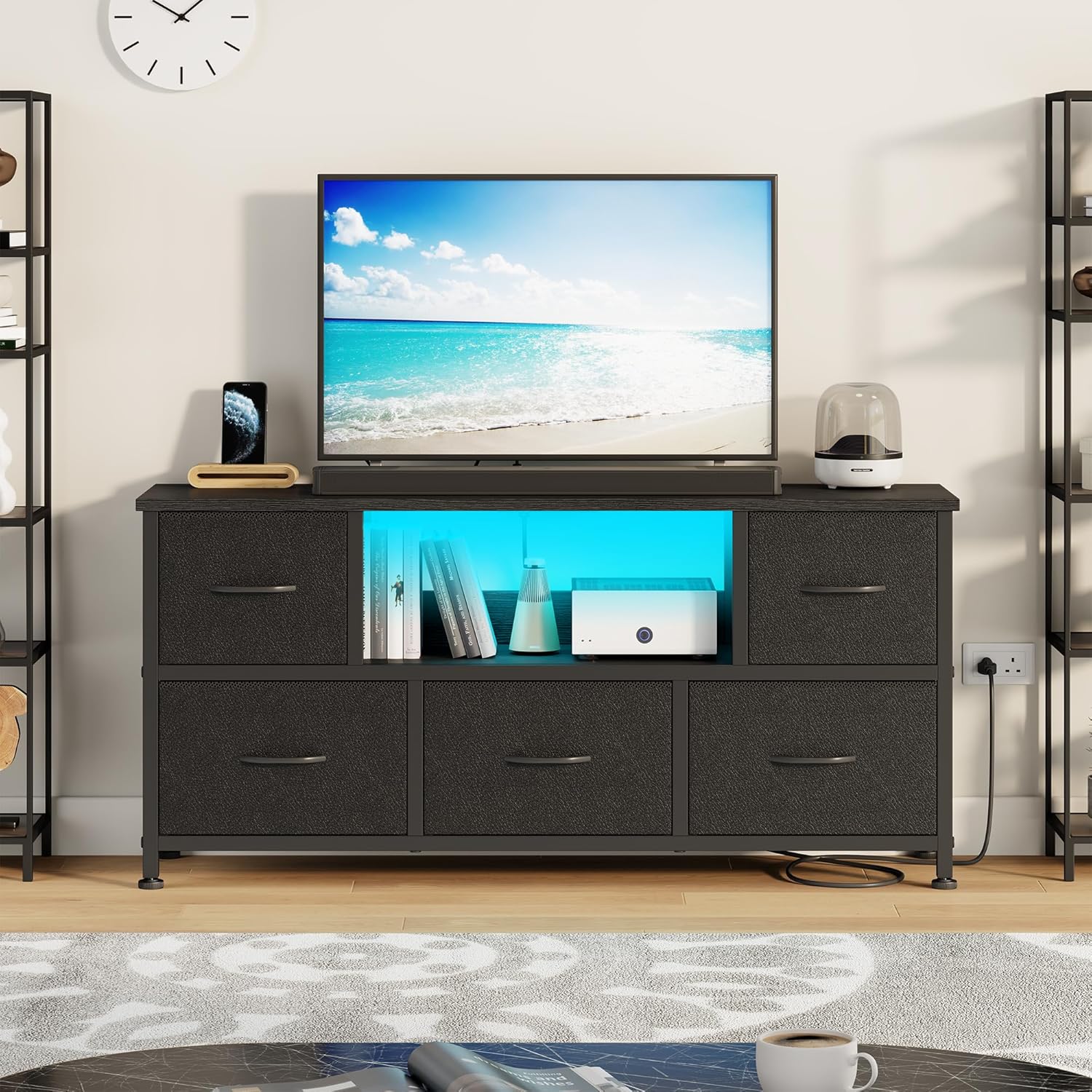 Lulive TV Stand for Living Room, LED Black Dresser for Bedroom with 5 Fabric Drawers,43 55in TV Stand with Power Outlet, Entertainment Center with Open Shelf - Image 9
