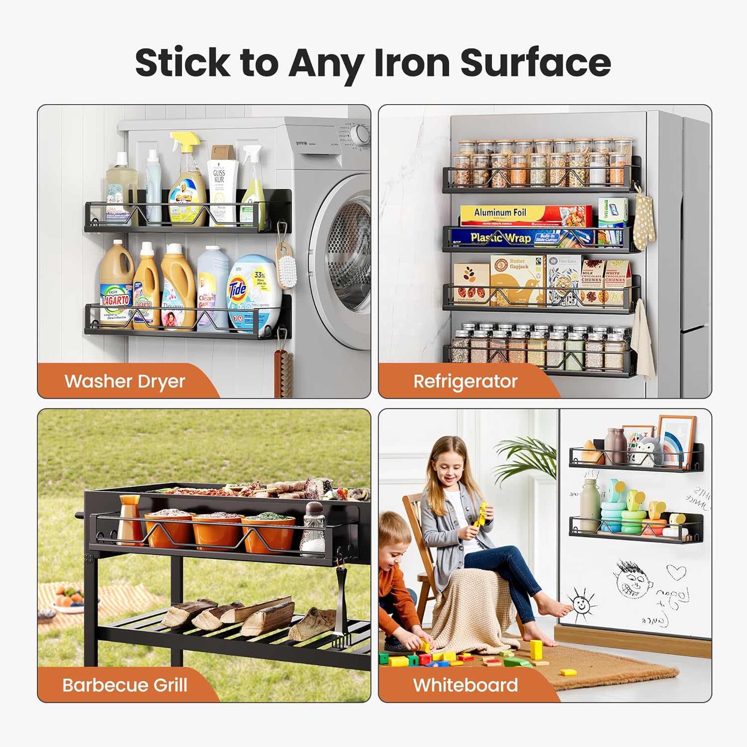 16.9 Inch Wide Large Capacity Magnetic Spice Rack for Refrigerator, 4 Pack Metal Fridge Shelf, Black - Image 7