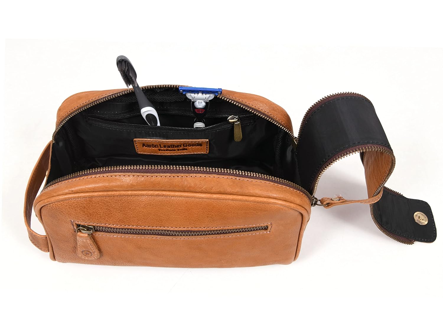 10" Premium Leather Toiletry Travel Pouch With Waterproof Lining | King-Size Handcrafted Vintage Dopp - Kit ~ Gift for Father's Day By Aaron Leather Goods - Image 3