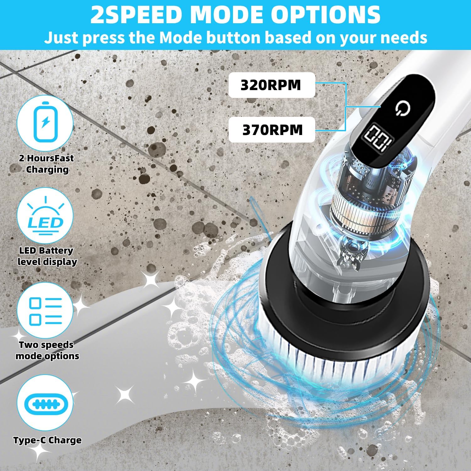 Electric Spin Scrubber, Power Scrubber with 2 Speeds, 8 in 1 Cordless Cleaning Brush and 3 Tier Adjustable & Detachable Shower Scrubber with Long Handle, Scrubber for Bathroom Tub Shower Tile Floor - Image 6