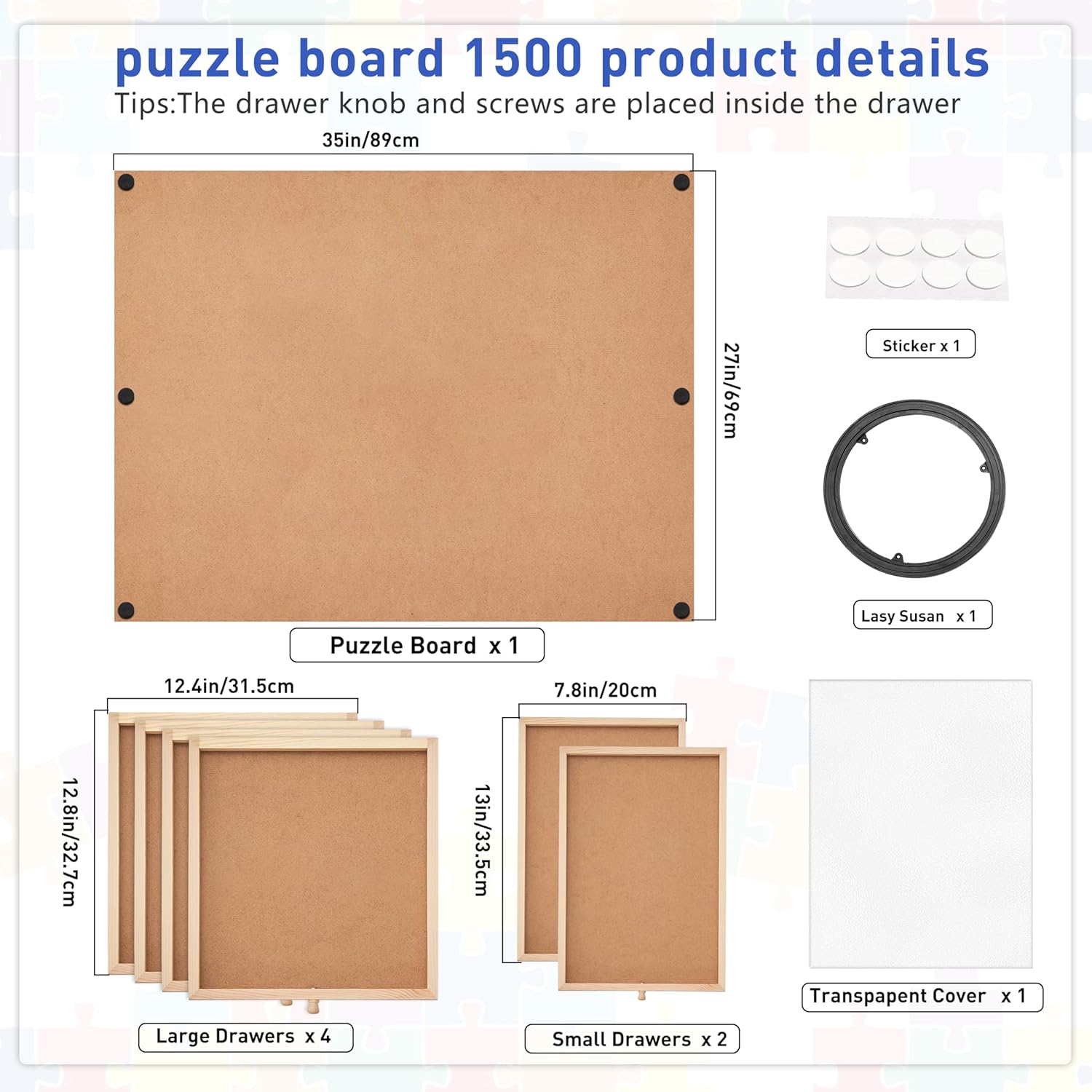 1500 Pieces Puzzle Board with 6 Drawers and Cover, 27"x35" Wooden Jigsaw Puzzle Table for Adults, Portable Puzzle Organizer & Storage System, Birthday Gift for Mom - Image 5