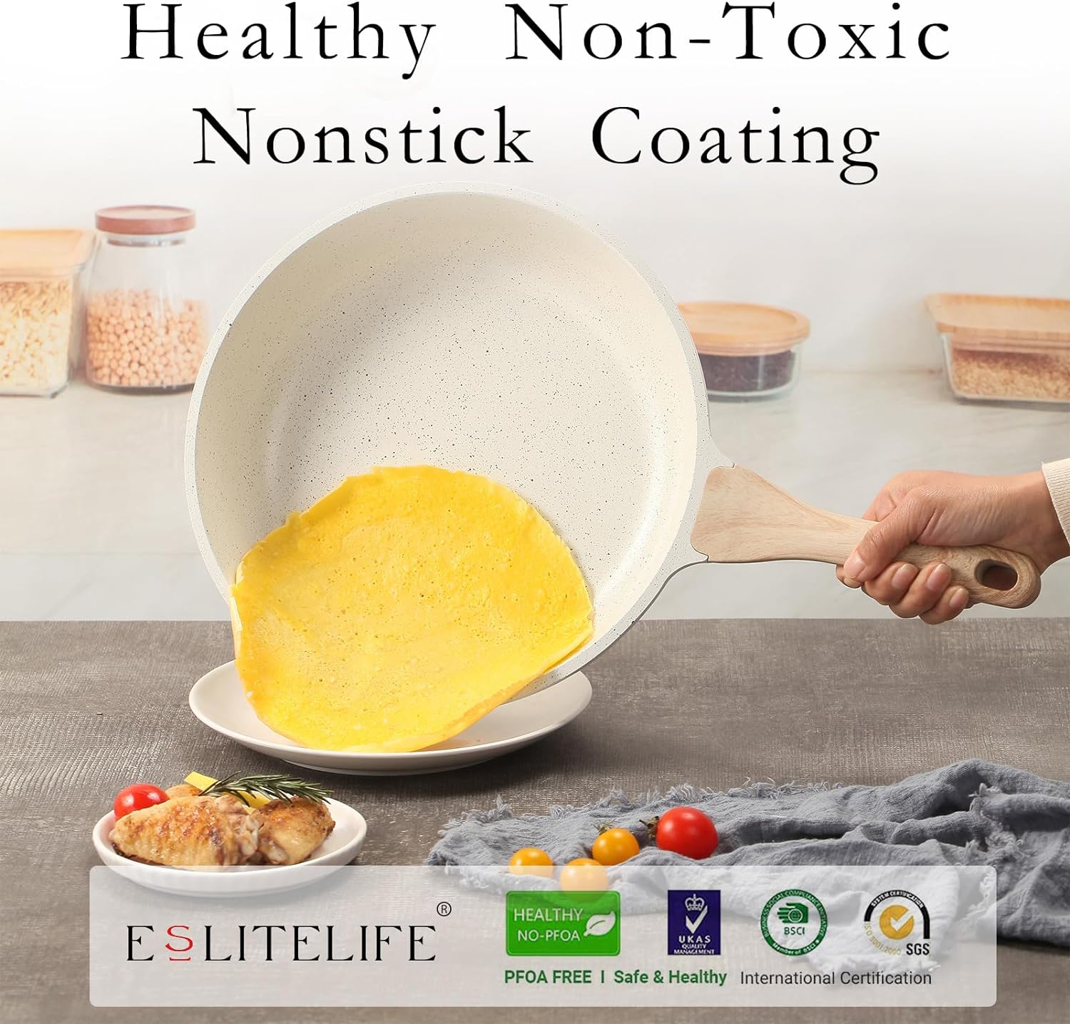 ESLITE LIFE Nonstick Ceramic Frying Pans Skillets Set with Lids, Non-Toxic Egg Omelette Kitchen Cooking Pans Compatible with All Stovetops (Gas, Electric & Induction), PTFE & PFOA Free (White) - Image 4
