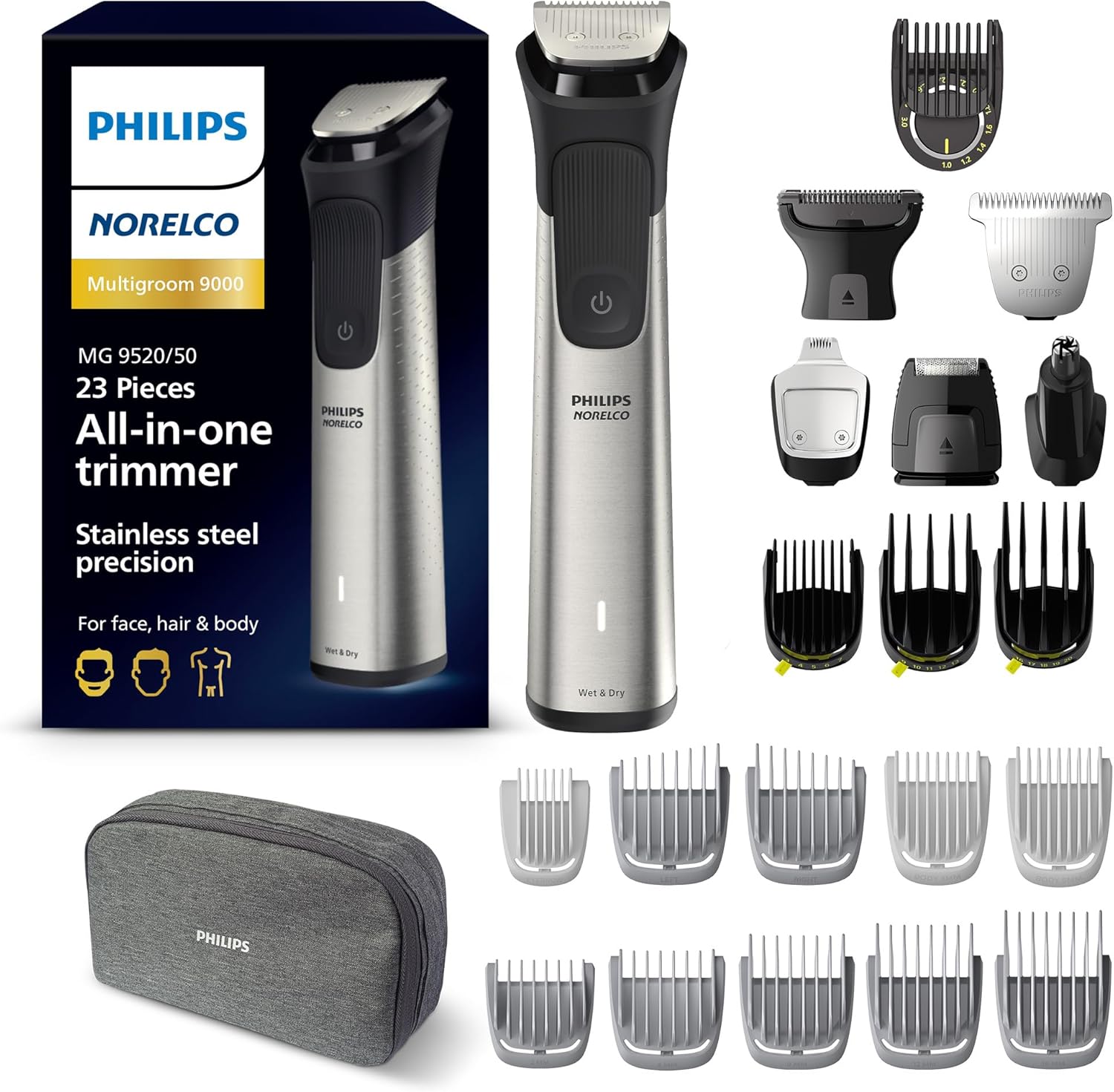 Philips Norelco Multigroom 9000 Series, All-in-One Trimmer, Beard Trimmer and Hair Clipper, 23-Piece Men's Grooming Kit for Beard, Body, Face, Nose, Ear and Intimate Areas, MG9520/50 - Image 2