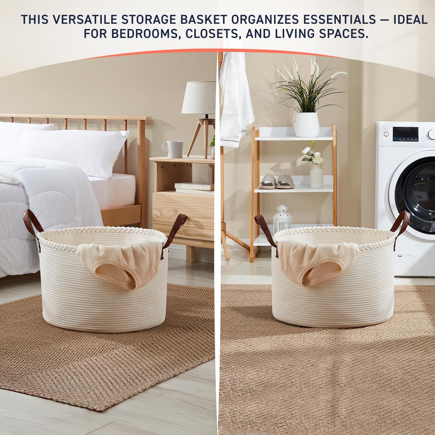 XLarge Round Cotton Rope Storage Basket Bin Organizer Laundry Hamper with Leather Handles, 21 x 21 x 14, Extra Large Blanket Woven Basket for Nursery - Cream - Image 4
