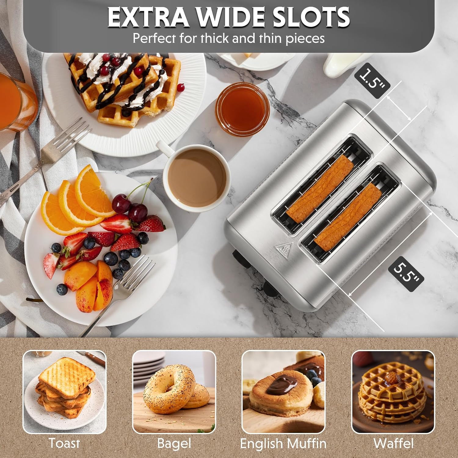 BUYDEEM DT420 2 Slice Toaster, Stainless Steel Toaster with Extra Wide Slots for Bagels, Muffins, High Lift Lever, 6 Shade Settings, Retro Sliver - Image 4