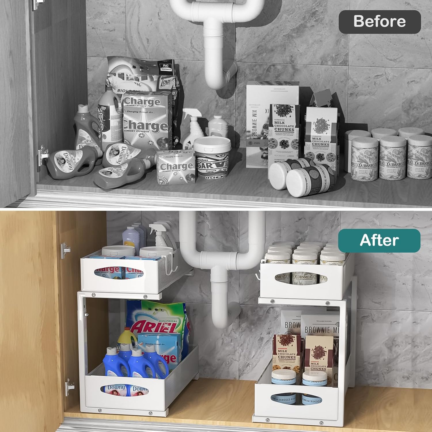 Under Sink Organizer, 2 Tier Metal Pull Out Under Sink Storage with Sliding Mesh Drawers, Height Adjustable Slide Out Under Sink Organizer Shelf for Kitchen Bathroom Cabinet, White - Image 4