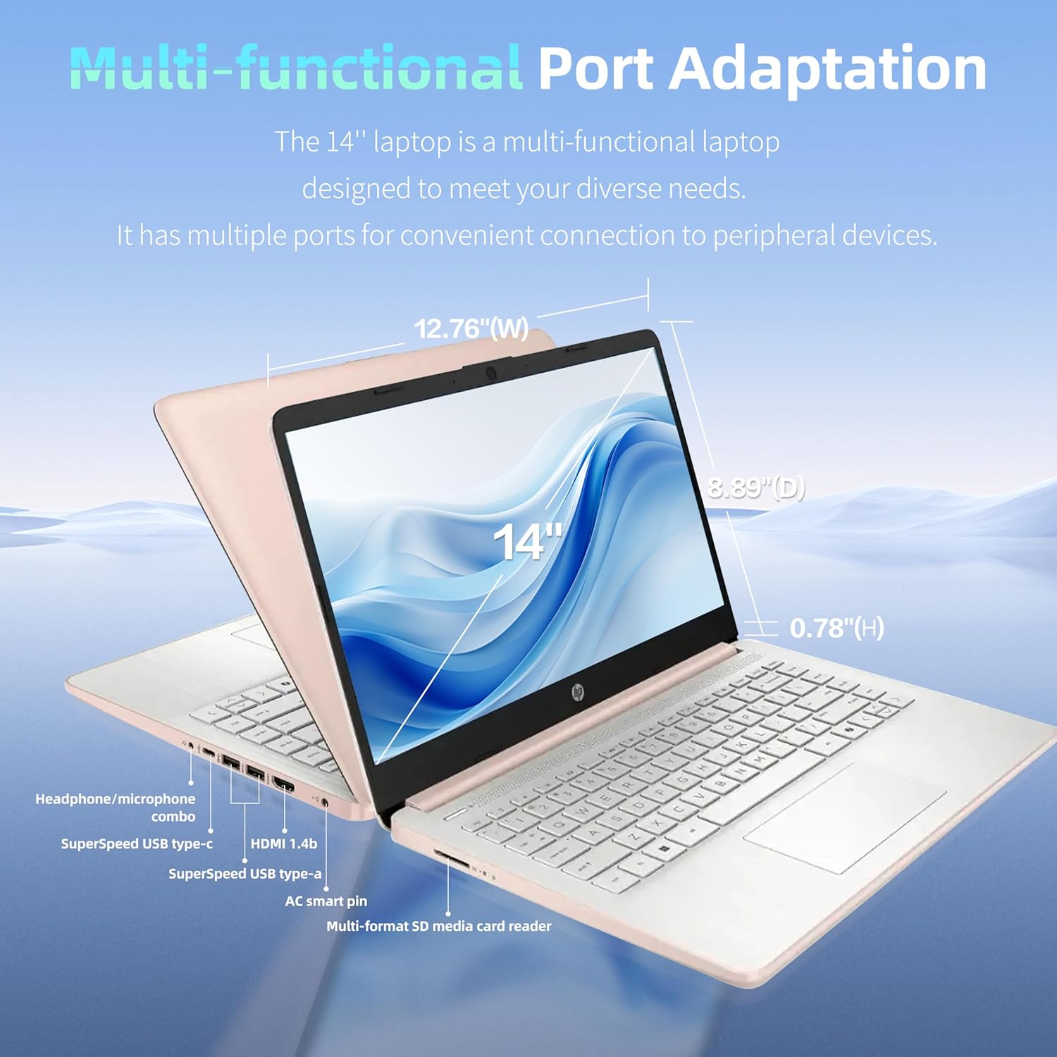 HP 14 Laptop, Intel Quad Core N150, 16GB RAM, 192GB Storage(128GB UFS+64GB SD Card), Thin and Portable Laptop Computer, 14 inch HD Anti-glare Display, Windows 11 Home, Alpacatec Accessories, Rose Gold - Image 7