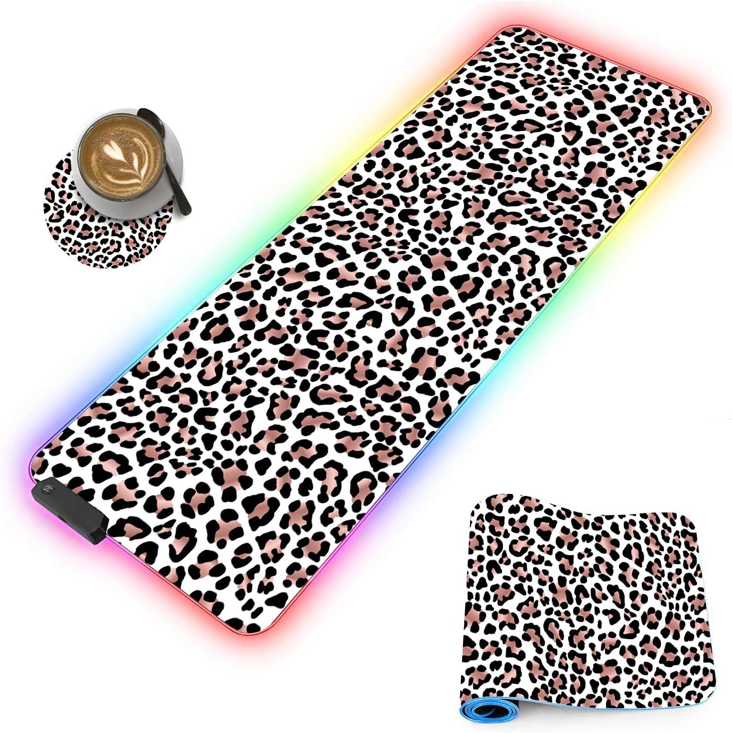 Customized RGB Gaming Mouse Pad and Coffee Coaster,Large Glowing Led Anti-Slip Rubber Base Computer Keyboard Desk Mouse Mat 31.4x11.8 Inch,Leopard Print - Image 8