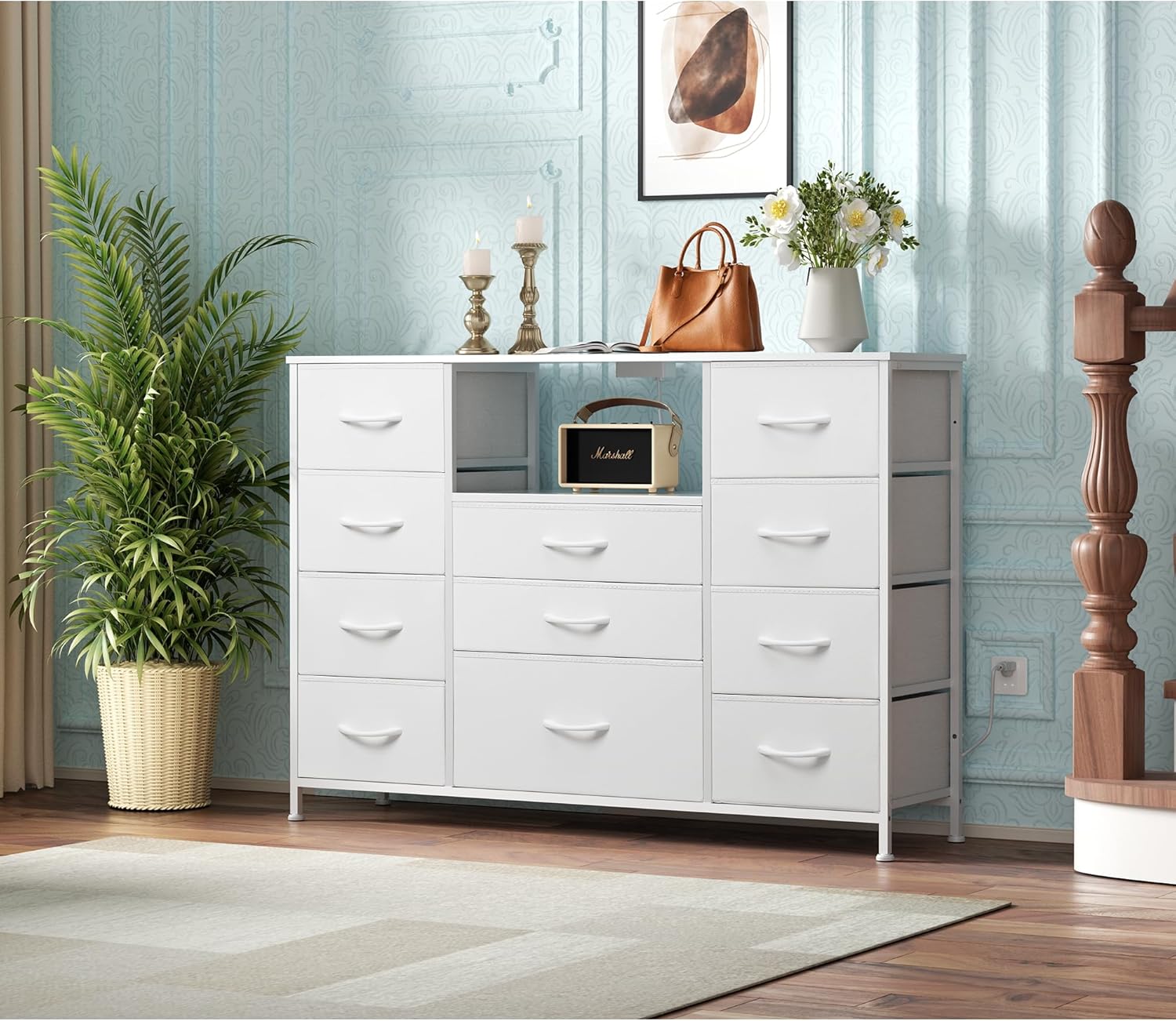 TV Stand Dresser with 11 Drawers, TV Stand with Power Outlets and Side Pockets, Fabric Bedroom Dresser for 55'' Long TV, Chest of Drawers for Living Room Bedroom, White - Image 7