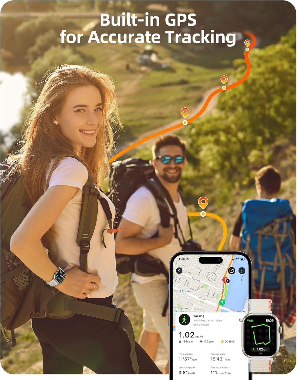 Parsonver Built-in GPS Smart Watch for Women Men with Bluetooth Calling, GPS Fitness Activity Tracker 100+ Sport Modes, Heart Rate Sleep Monitor, Waterproof Pedometer for Android & iPhone(Two Bands) - Image 3