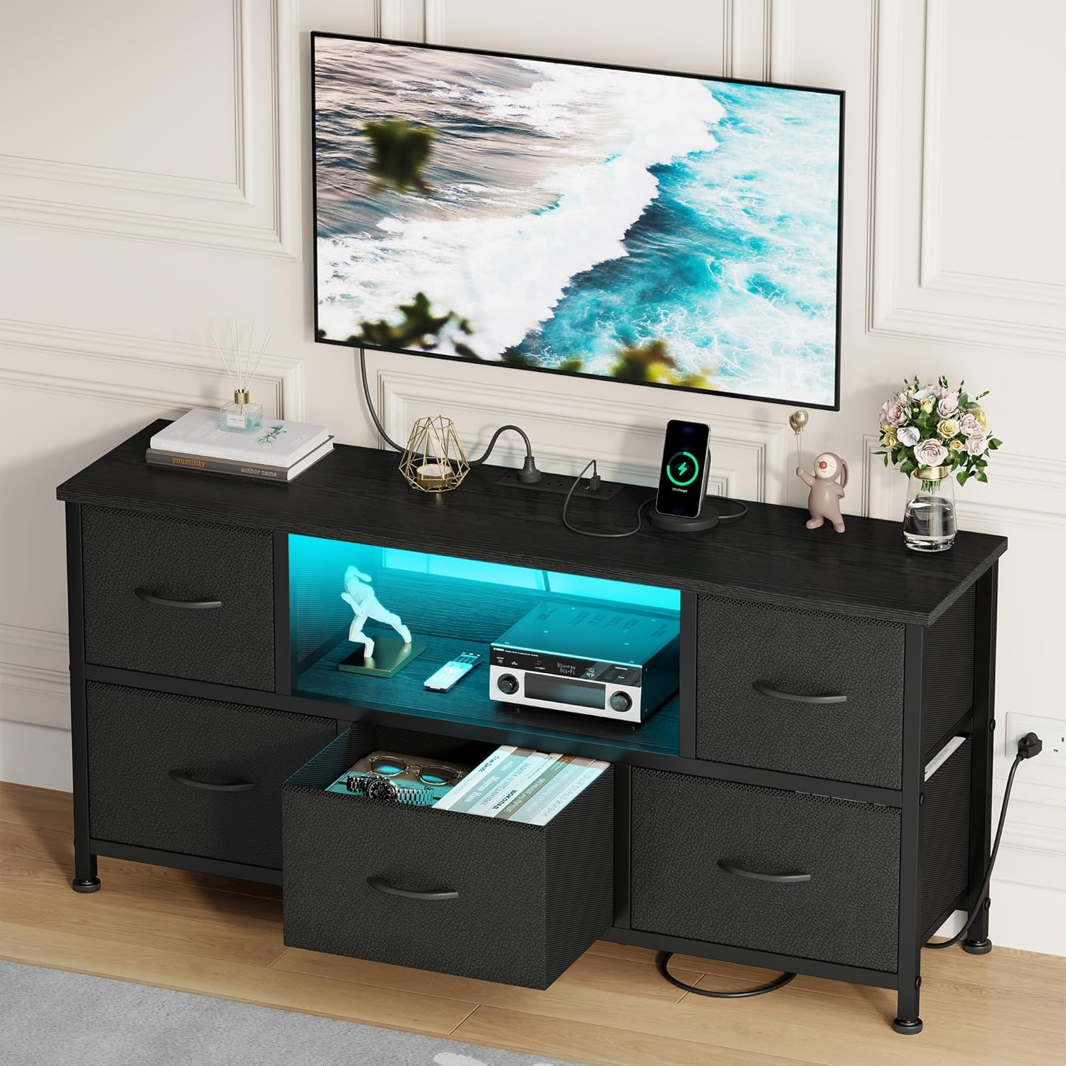 Lulive TV Stand for Living Room, LED Black Dresser for Bedroom with 5 Fabric Drawers,43 55in TV Stand with Power Outlet, Entertainment Center with Open Shelf - Image 7