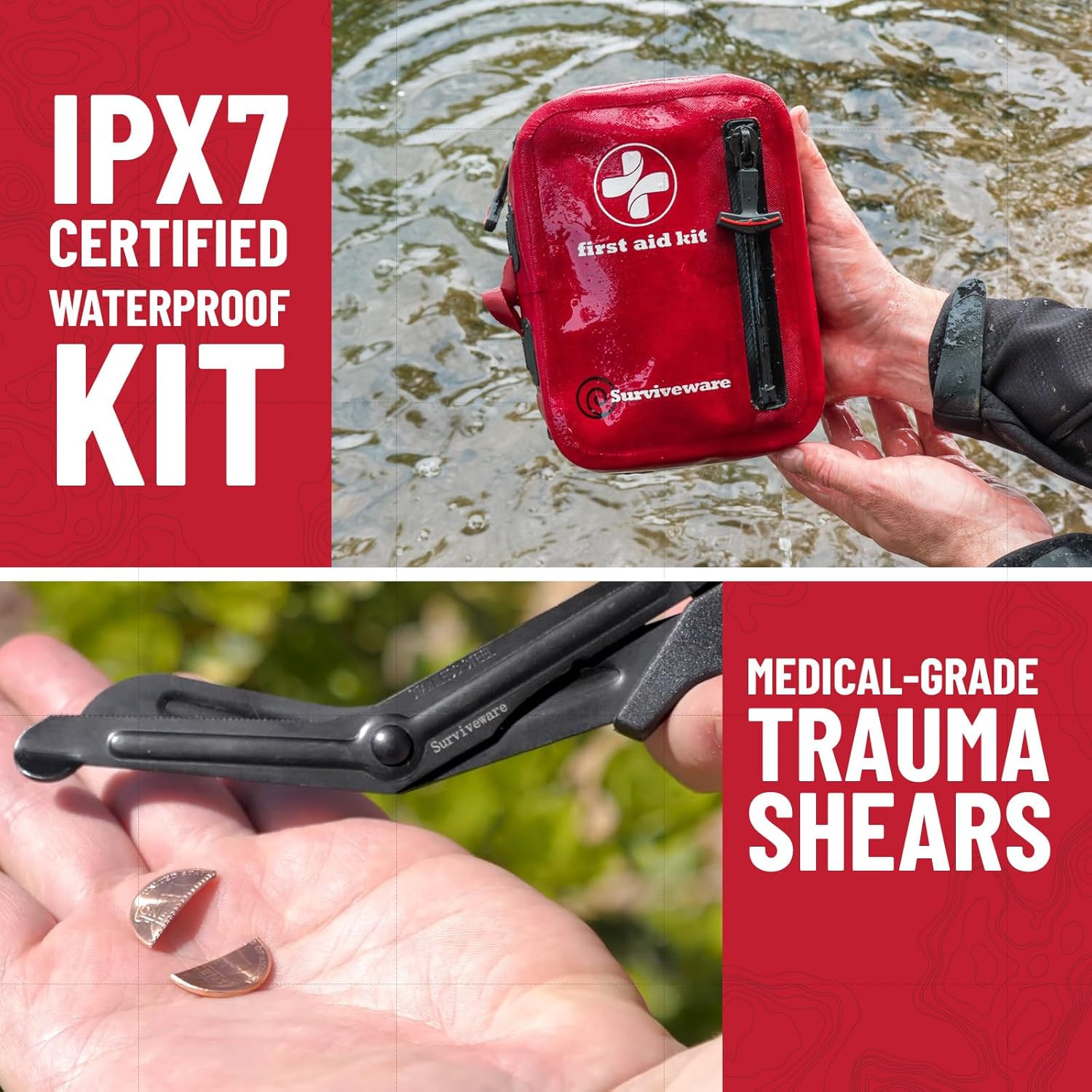 Surviveware 98 Pcs Waterproof Premium Survival First Aid Kit - Survival Emergency Preparedness for Travel Camping Gear, Survival Kit and Outdoor Emergencies - HSA & FSA Eligible Survival Kit - Image 9