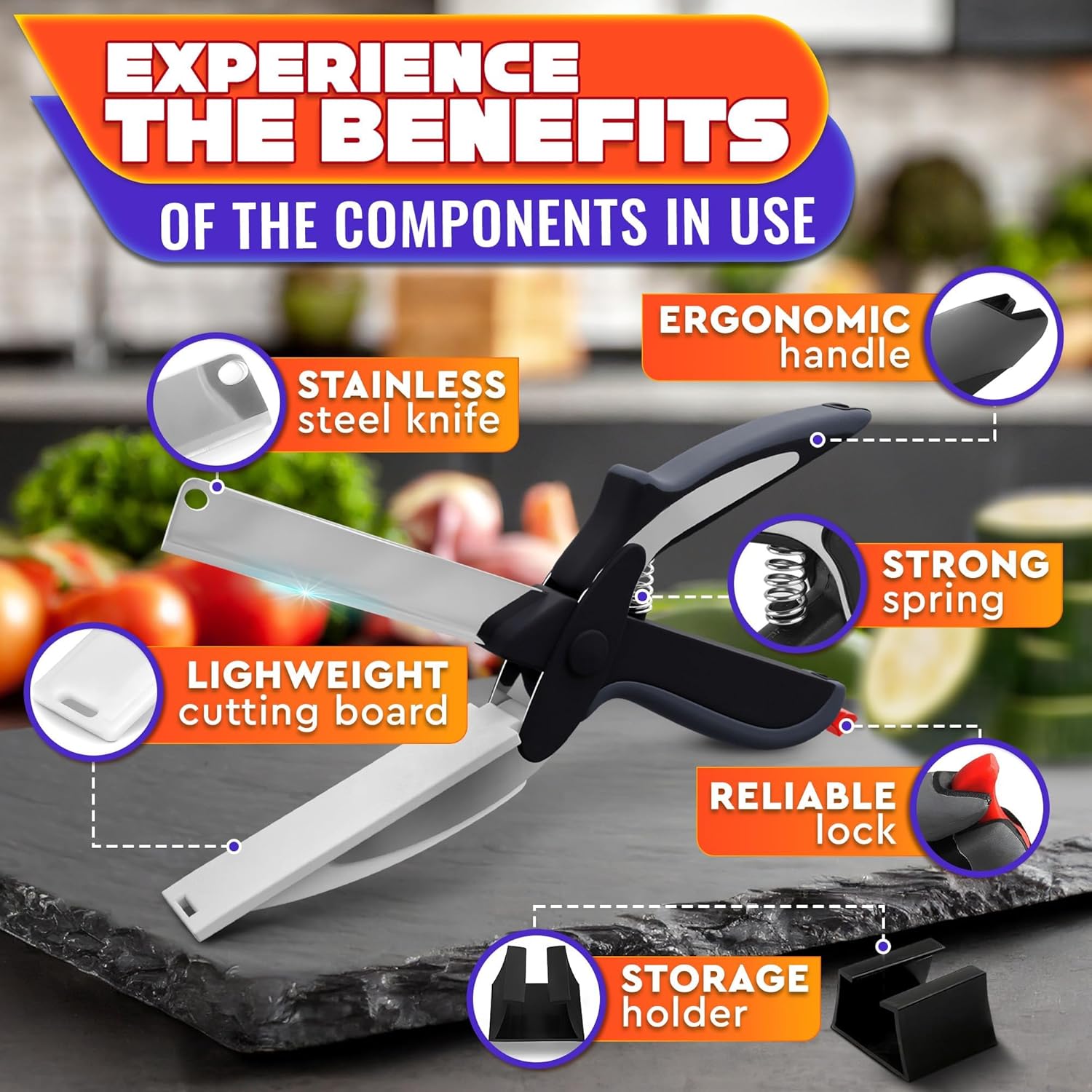 Kitchen Scissors for Food – 2-in-1 Cutting Board Scissors & Tomato Knife with Locking Mechanism & Stainless Steel Blades – Multifunctional Kitchen Shears for Effortless Chopping - Image 4