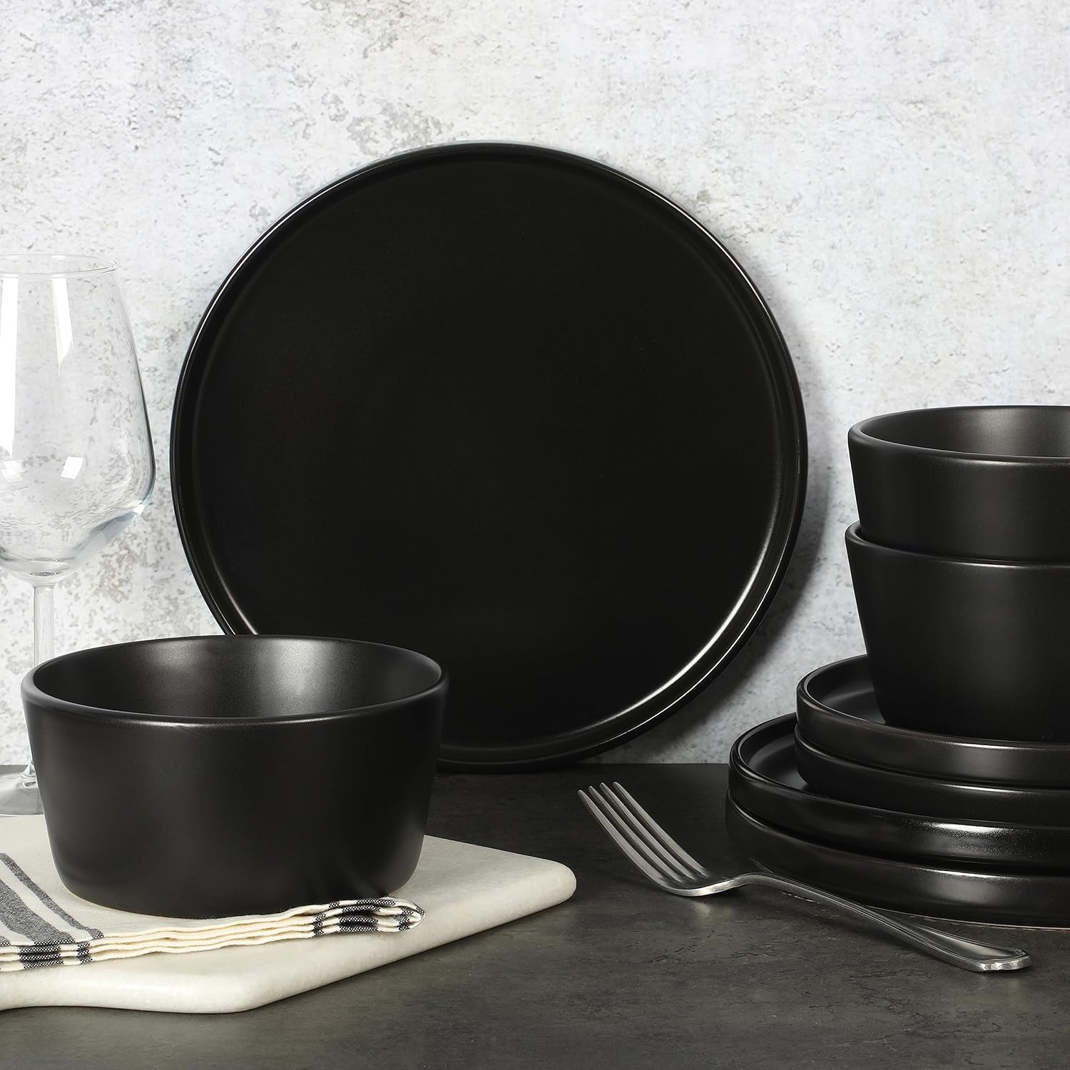 Gibson Soho Lounge Bowery 32 Piece Matte Black Stoneware Dinnerware Plates, Bowls, and Mugs Set - Service for 8 - Image 7
