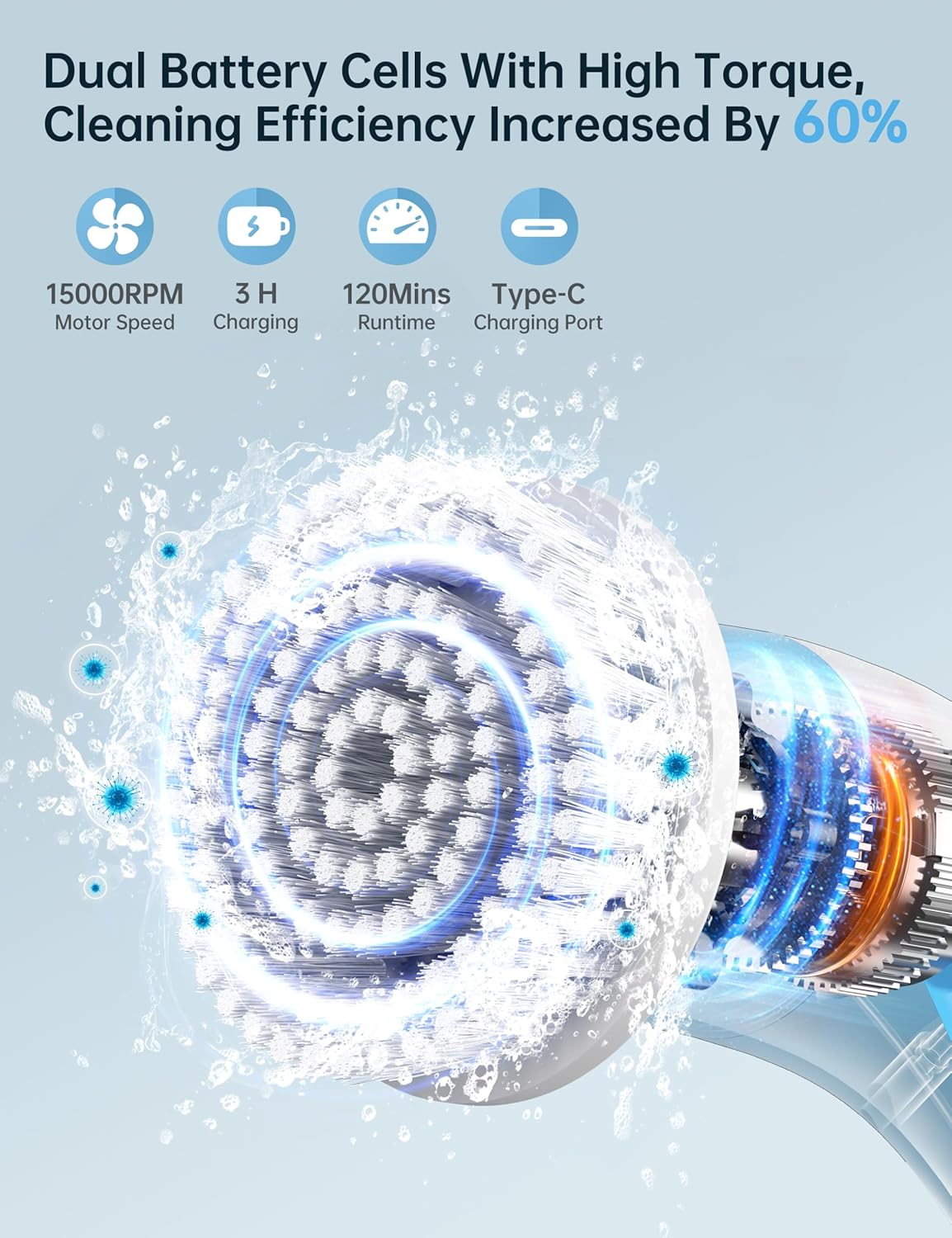 Electric Spin Scrubber with LED Display, IPX7 Waterproof Powerful Shower Scrubber, 2H Runtime, 2 Speeds, Adjustable Handle, 8 Brush Heads for Bathtub Tile Car-Blue and White - Image 4