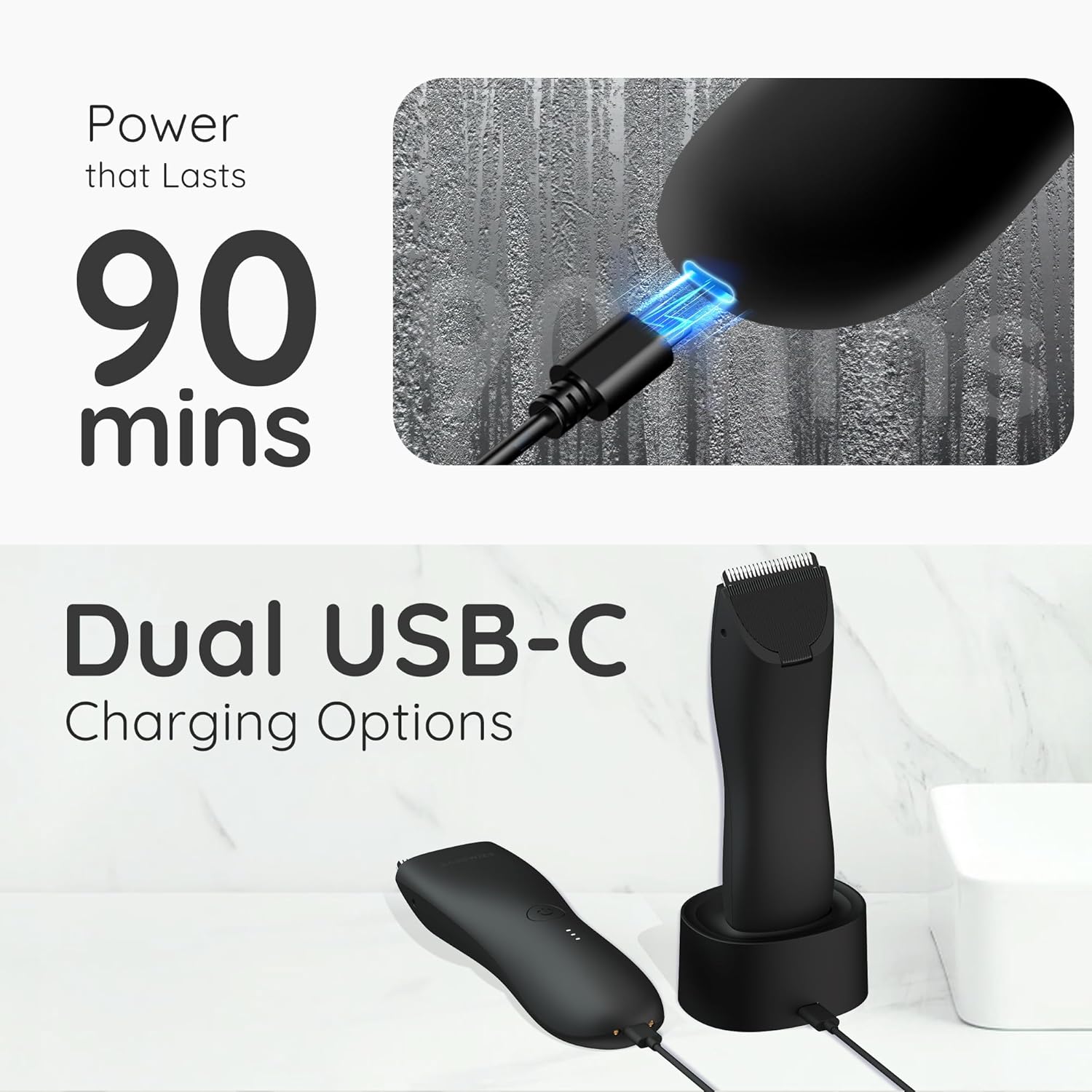 Body Hair & Pubic Hair Trimmer for Men | Waterproof, USB-C Rechargeable, LED Light, Replaceable Ceramic Blade, Electric Ball Shavers, Manscape Kit, Mens Personal Groomer (Raven Black) - Image 6