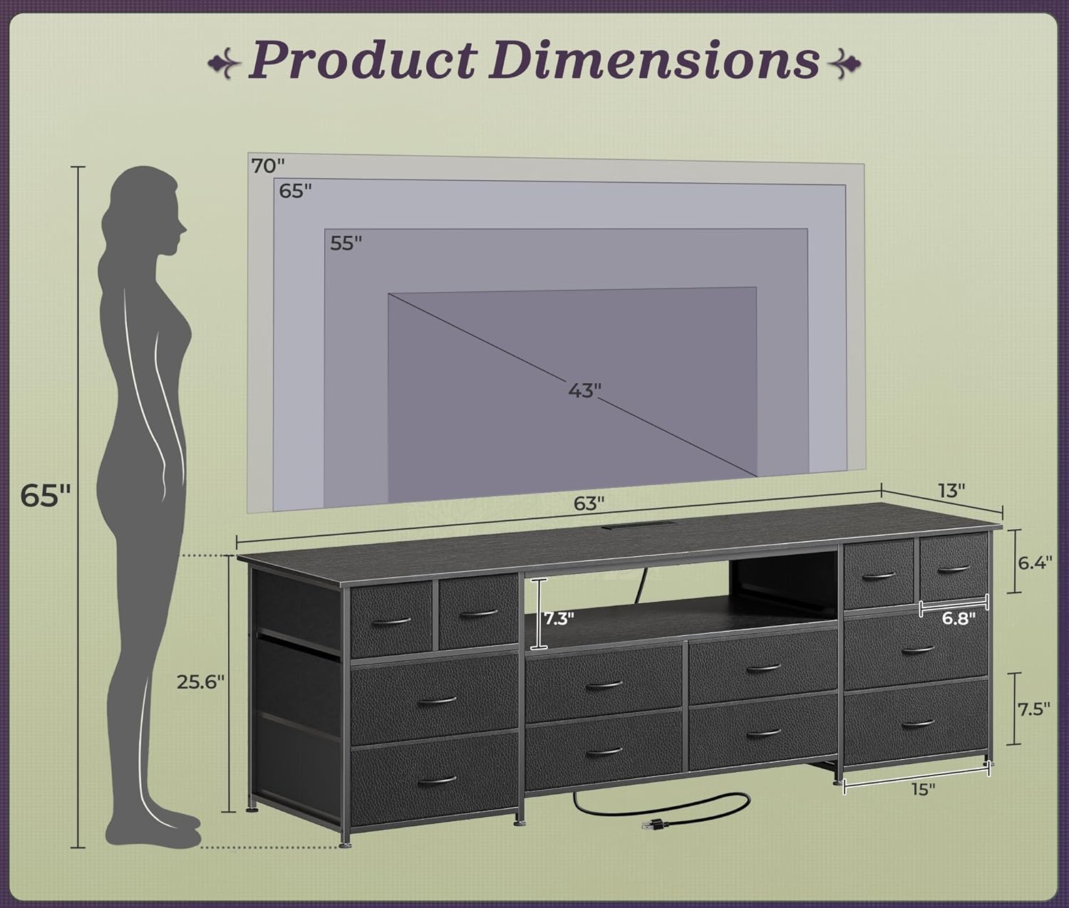 Huuger 63 Inch Dresser TV Stand with LED Lights, Power Outlets and USB-C Port, 12 Fabric Drawer Dresser for Bedroom, Wide Entertainment Center for 65, 70 Inch TV, Open Shelf, Black - Image 4