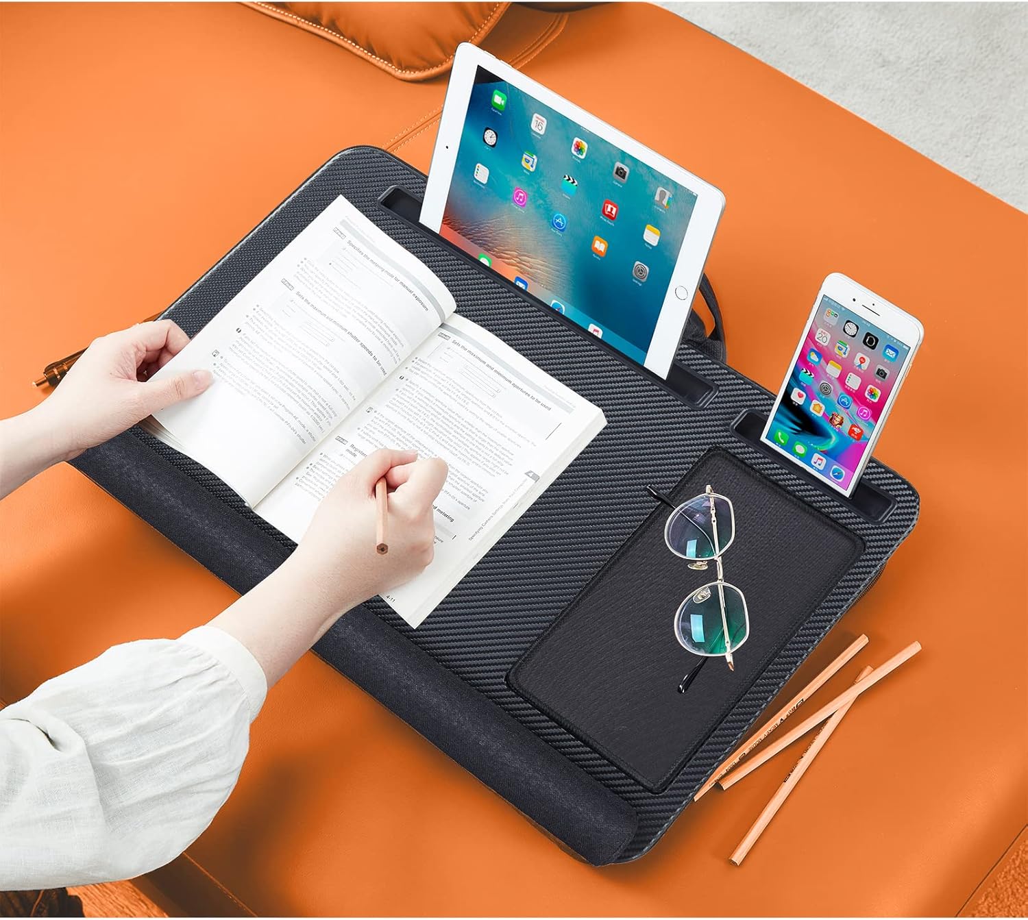 Laptop Lap Desk with All in One Bag to Hold Computer up to 17.3 Inch, Home Office Bed Desk with Cushion Sofa Desk, Laptop Stand with Wrist Pad (Black Carbon) - Image 3