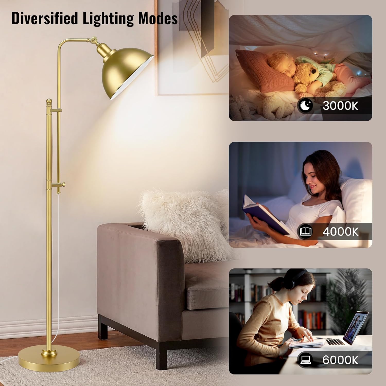 PARTPHONER Industrial Floor Lamp Adjustable, Rustic Farmhouse Reading Lamp in Aged Gold Finish, Modern Standing Lamp with Remote Control Metal Shade for Living Room Bedroom Study Room Office Hotel - Image 5