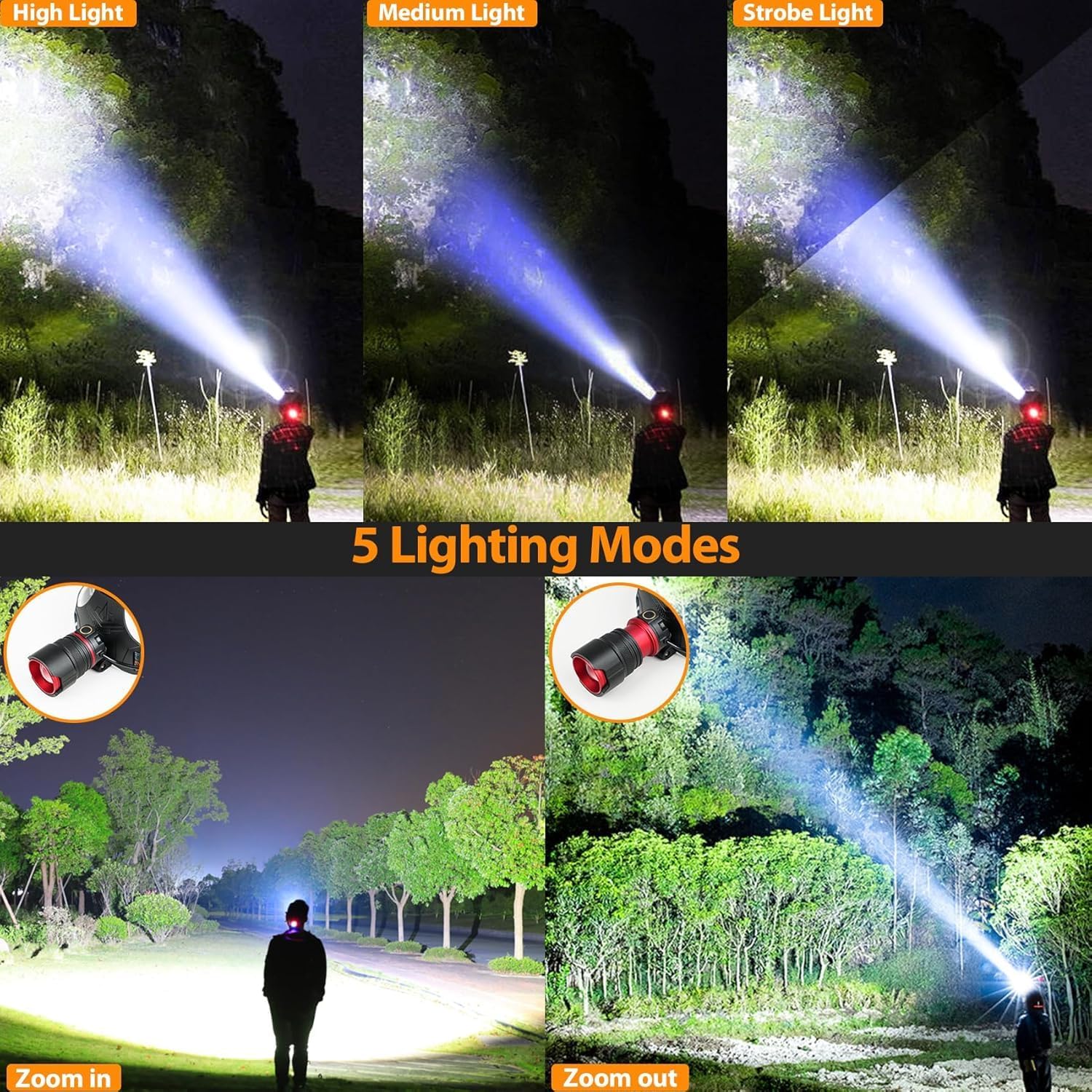 Headlamp Rechargeable 90000 Lumens Ultra Bright Head Lamp Super Bright Hard Hat Light Zoomable IPX54 Headlight Camping Accessories 6 Modes Waterproof Headlight Camping Gear for Adults Cycling Running - Image 5