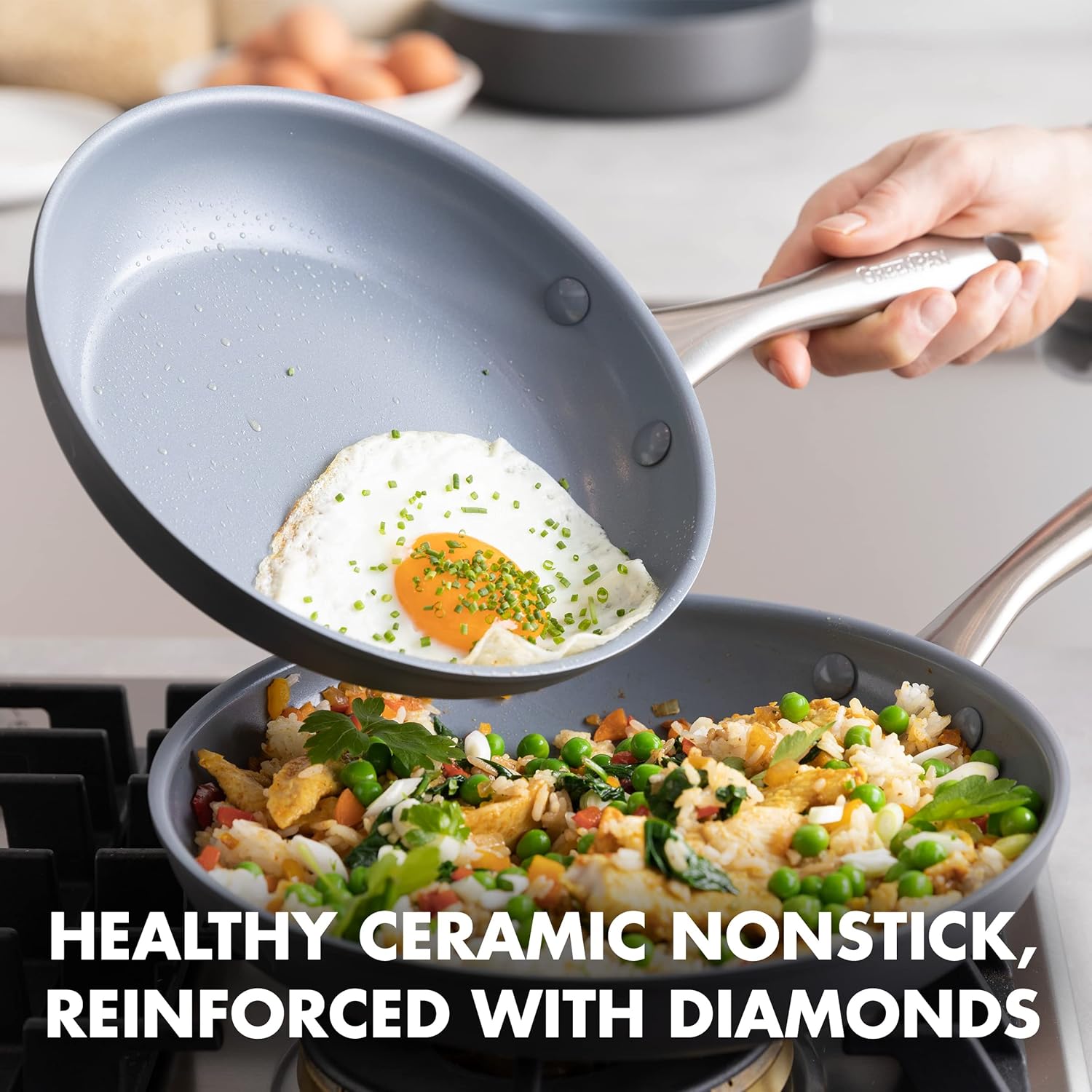 GreenPan Lima Hard Anodized 8" 10" & 12" Frying Pan Skillet Set, Ceramic Nonstick, PFOA & PFAS-Free Nontoxic Pots & Pans, Oven & Broiler Safe, Stainless Steel Handles, Cookware for Eggs & Omelet, Gray - Image 3
