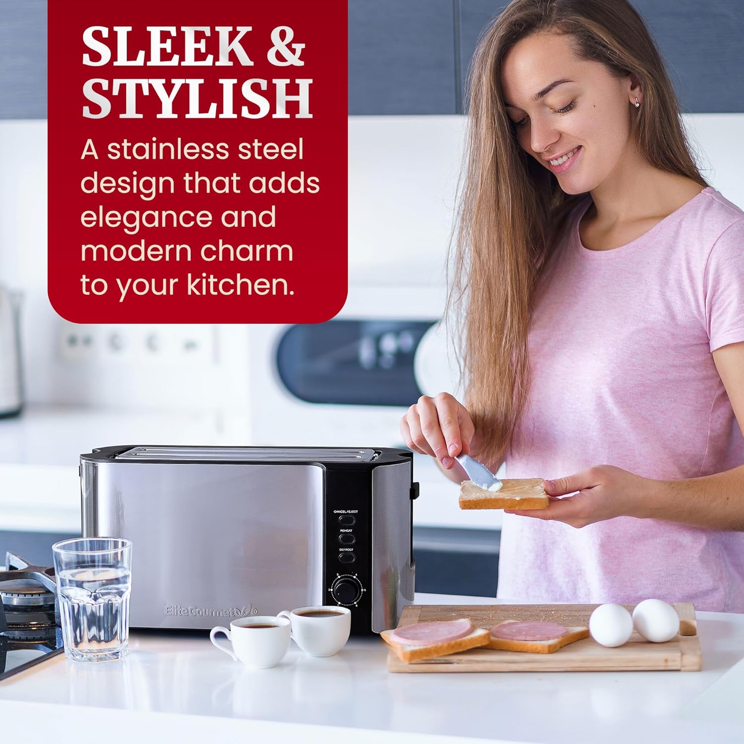 Elite Gourmet ECT-3100 Long Slot 4 Slice Toaster, Reheat, 6 Toast Settings, Defrost, Cancel Functions, Built-in Warming Rack, Extra Wide Slots for Bagels & Waffles, Stainless Steel & Black - Image 10