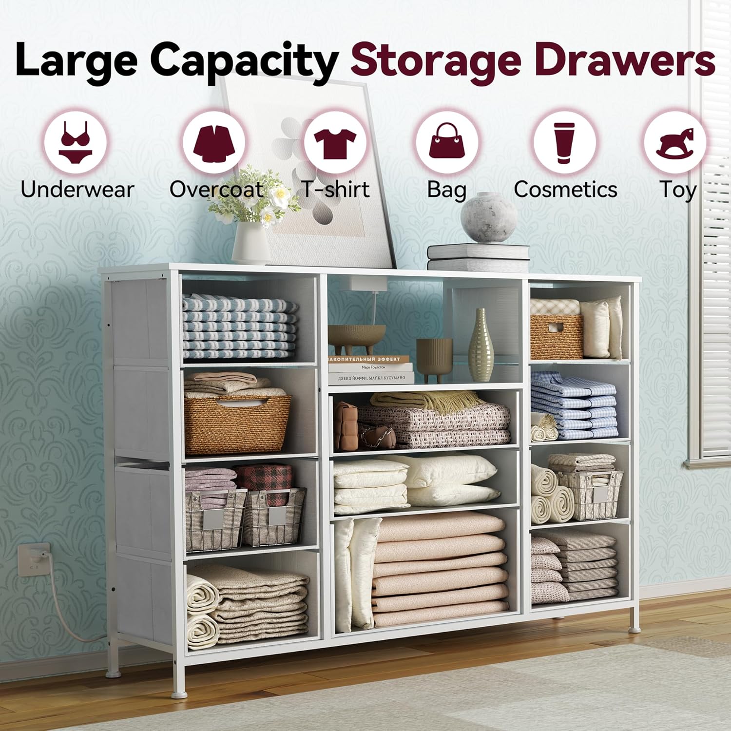 TV Stand Dresser with 11 Drawers, TV Stand with Power Outlets and Side Pockets, Fabric Bedroom Dresser for 55'' Long TV, Chest of Drawers for Living Room Bedroom, White - Image 4