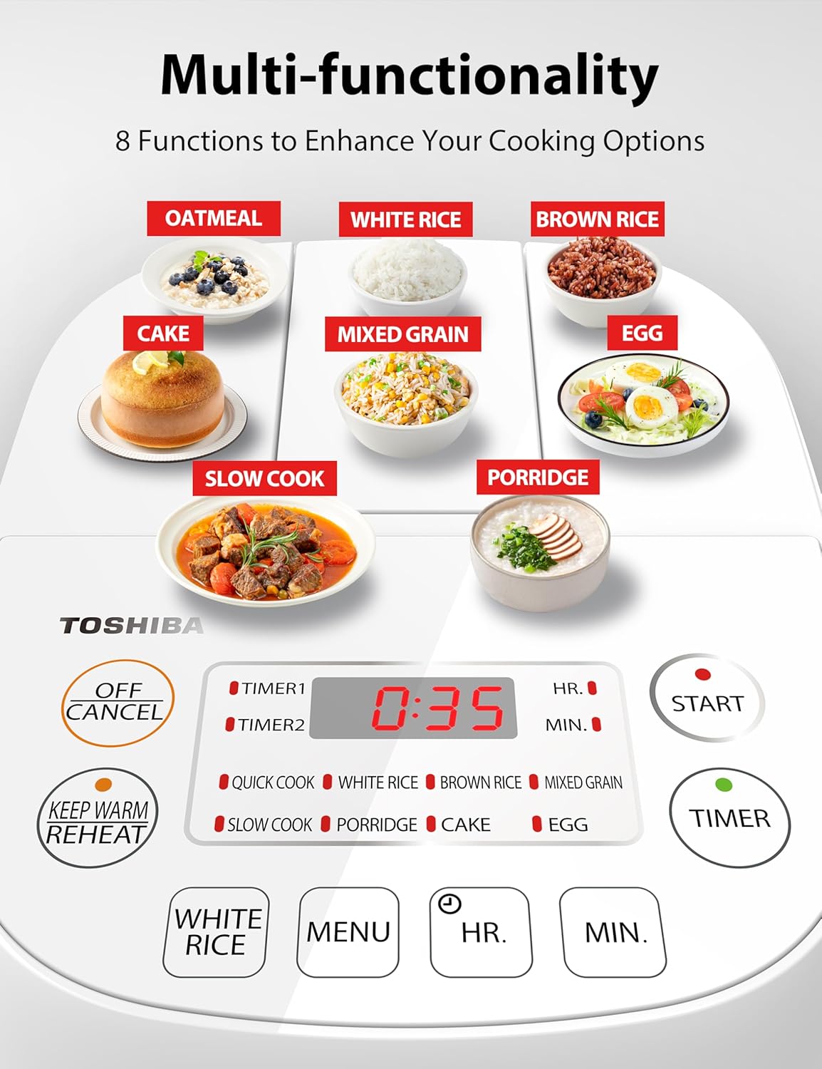 Toshiba Mini Rice Cooker, 3 Cups Uncooked Small Rice Cooker, Steamer & Warmer, With Fuzzy Logic And One-Touch Cooking, 24 Hour Delay Timer And Auto Keep Warm Feature, White - Image 4