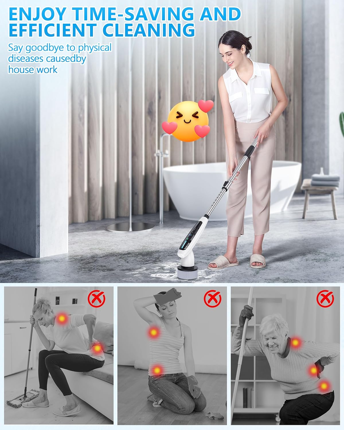 Bathroom Scrubber Electric for Electric Spin Scrubber with 8 Replaceable Brush Heads Power Scrubber 2 Adjustable Speeds,Detachable Long Handle,Voice Broadcast - Image 6