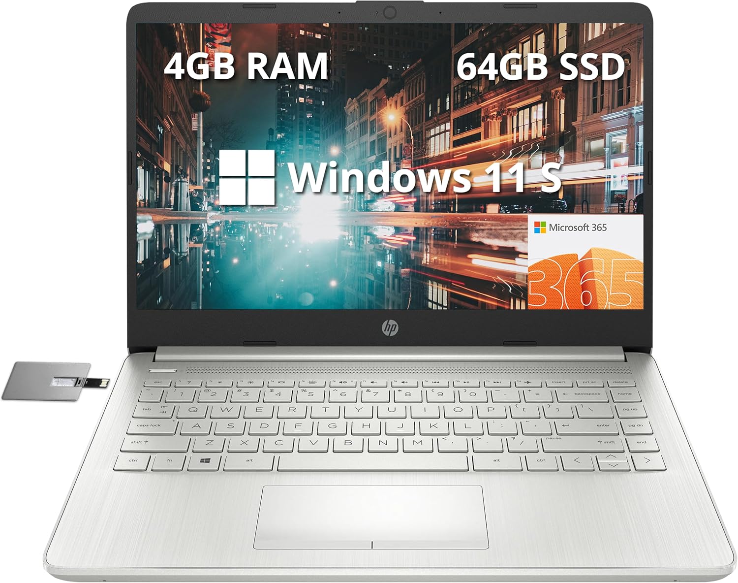 HP Premium Stream 14" HD BrightView Laptop, Intel Celeron N4120, 4GB RAM, 64GB eMMC, Intel UHD Graphics, HD Webcam, 1 Year Office 365, Bluetooth, WiFi, HDMI, Win 11s, Silver, 32GB Hotface USB Card - Image 2