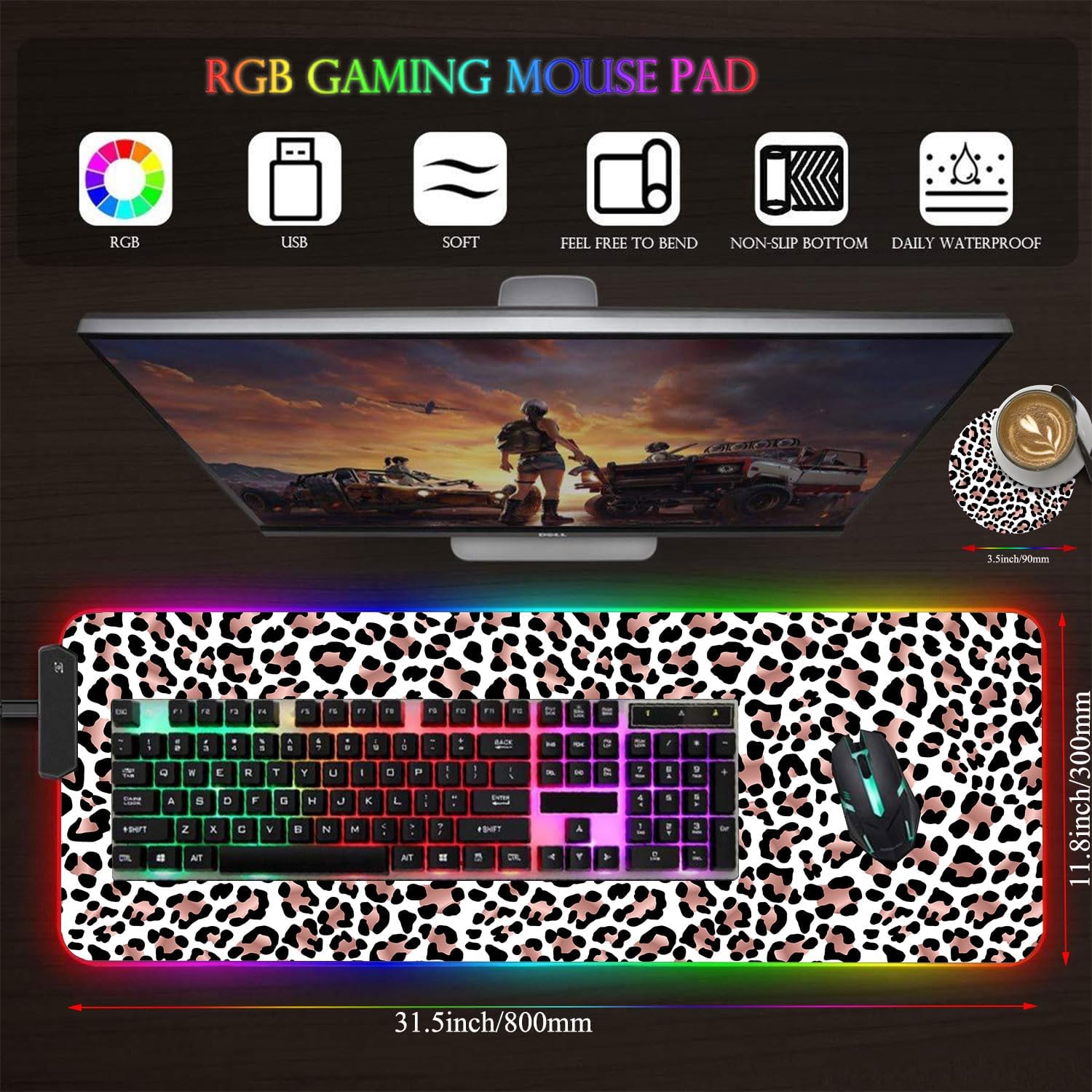 Customized RGB Gaming Mouse Pad and Coffee Coaster,Large Glowing Led Anti-Slip Rubber Base Computer Keyboard Desk Mouse Mat 31.4x11.8 Inch,Leopard Print - Image 5
