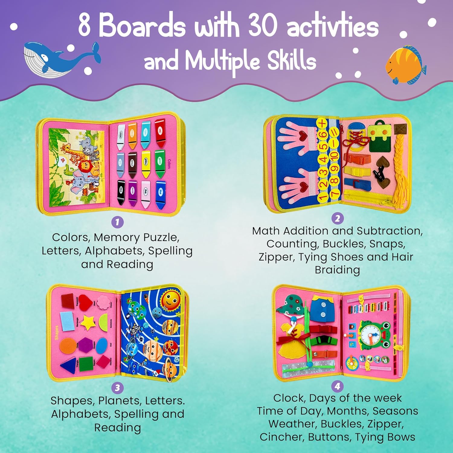 Busy Board Book Bag for Kids | Interactive Learning Activities for Ages 2-7 | Mermaid-Themed Skill-Building Kit | Hair Braiding, Tying Shoes, Math, and Alphabet Puzzles, Felt Bag - Image 4