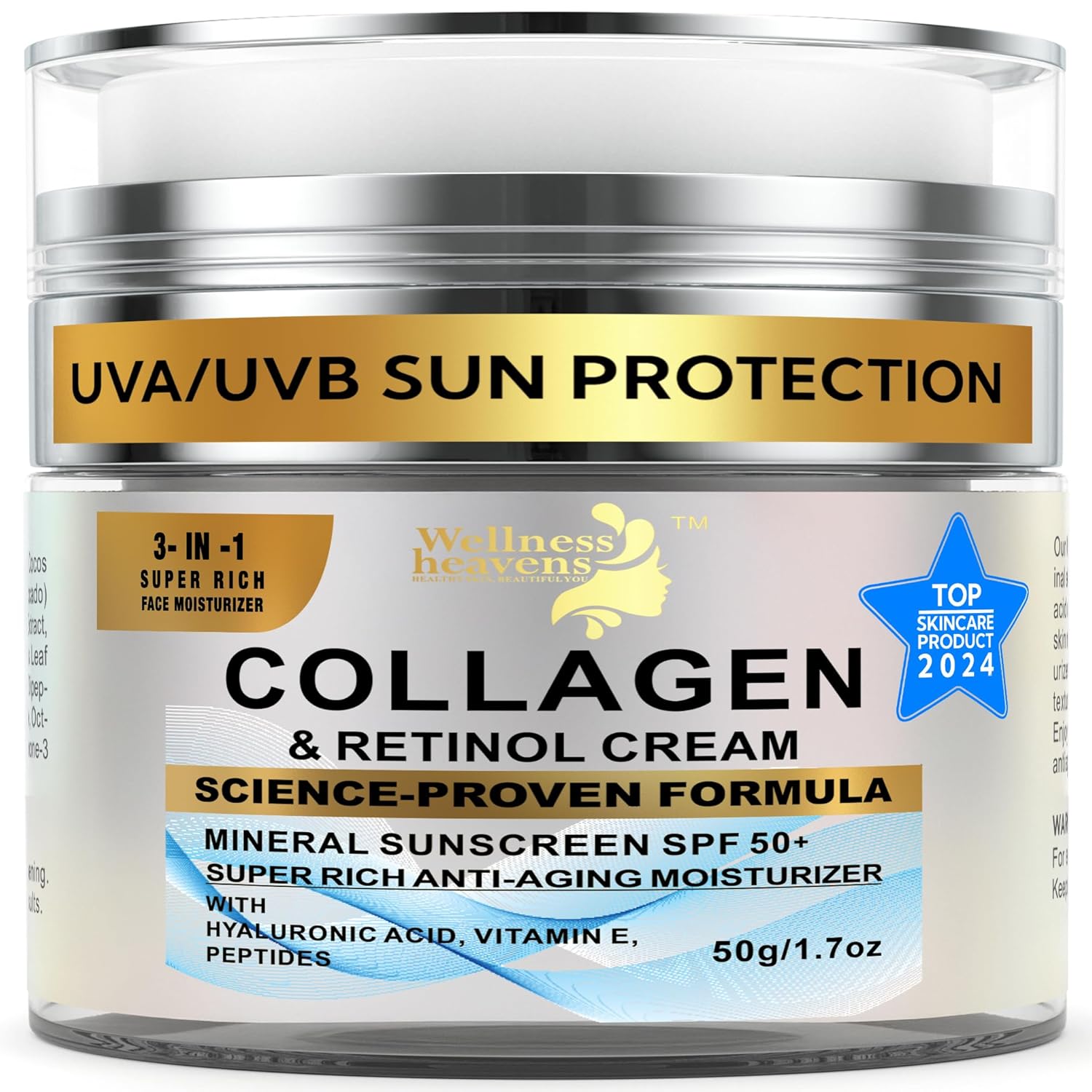 Daily Face Moisturizer with SPF 50 - Retinol, Hyaluronic Acid & Collagen with Age-Defying, Lift & Firm Cream and Sun Protection - Day & Night Repair Anti-Aging Face Moisturizer with Sunscreen | 1.7oz - Image 2
