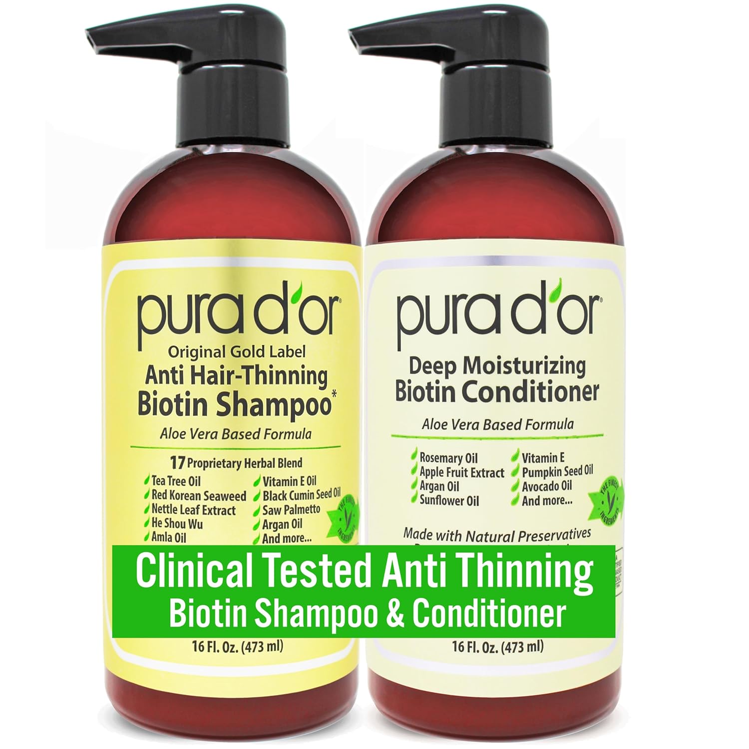 PURA D'OR Anti-Thinning Biotin Shampoo & Deep Moisturizing Conditioner Original Gold Label Set (16oz x2) Natural Earthy Scent, CLINICALLY TESTED Effective Results, Hair Thickening Product, Women & Men - Image 2