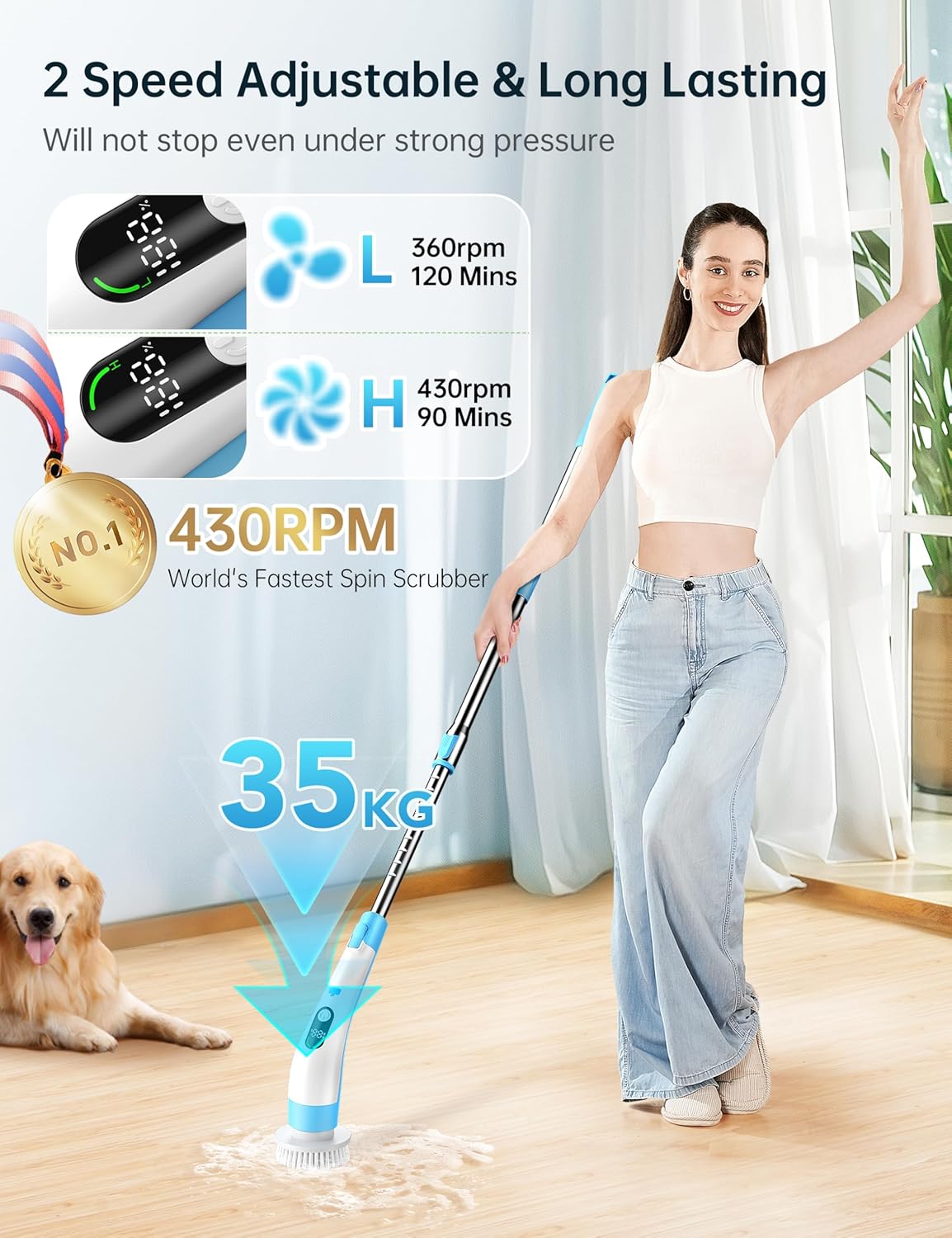 Electric Spin Scrubber with LED Display, IPX7 Waterproof Powerful Shower Scrubber, 2H Runtime, 2 Speeds, Adjustable Handle, 8 Brush Heads for Bathtub Tile Car-Blue and White - Image 3