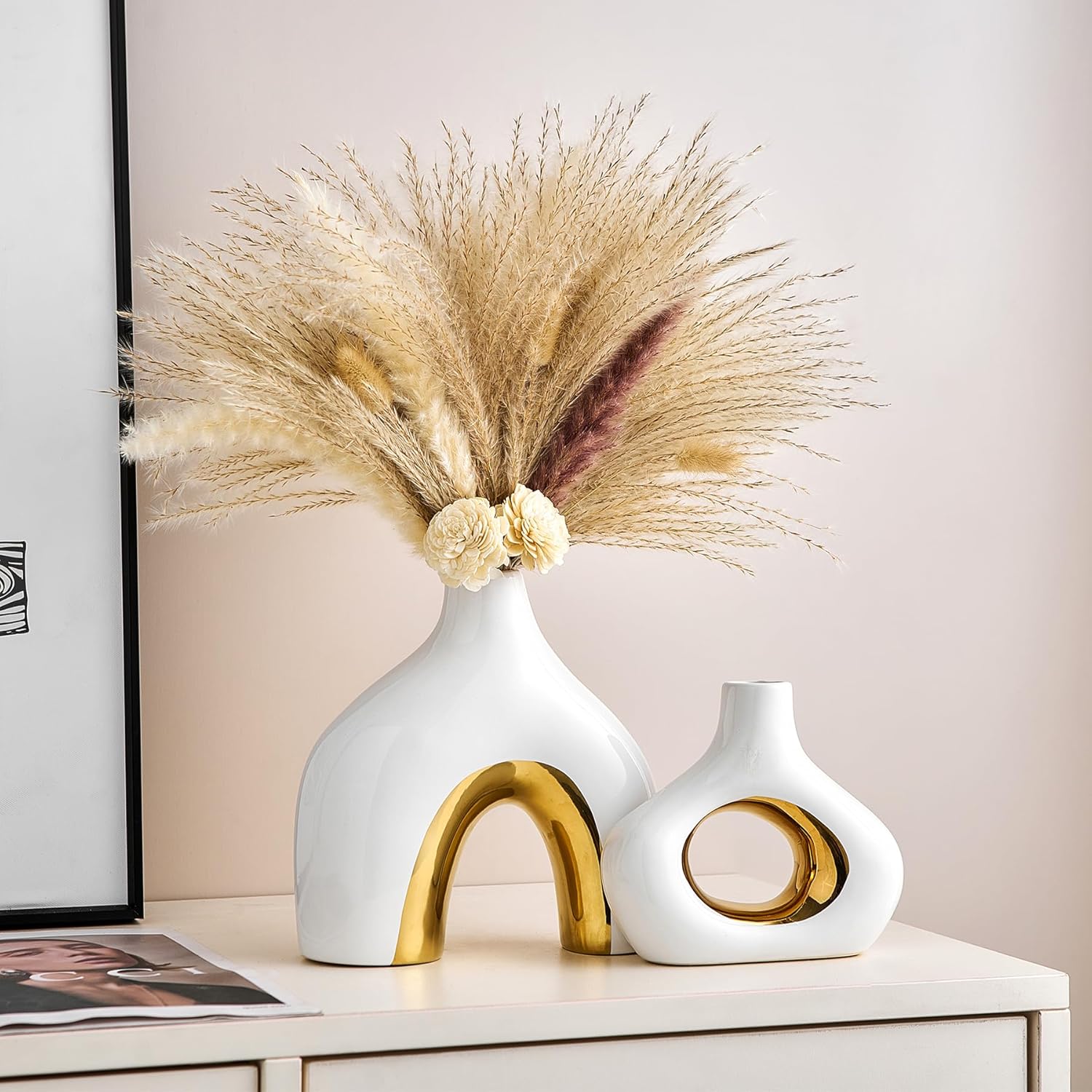 Ceramic Vase Set of 2 White and Gold Vase for Pampas Grass, Modern Donut Vase for Gold Decor, Round Vases Centerpieces for Wedding, Bedroom, Living Room, Coffee Table, Entryway, Office - Image 7