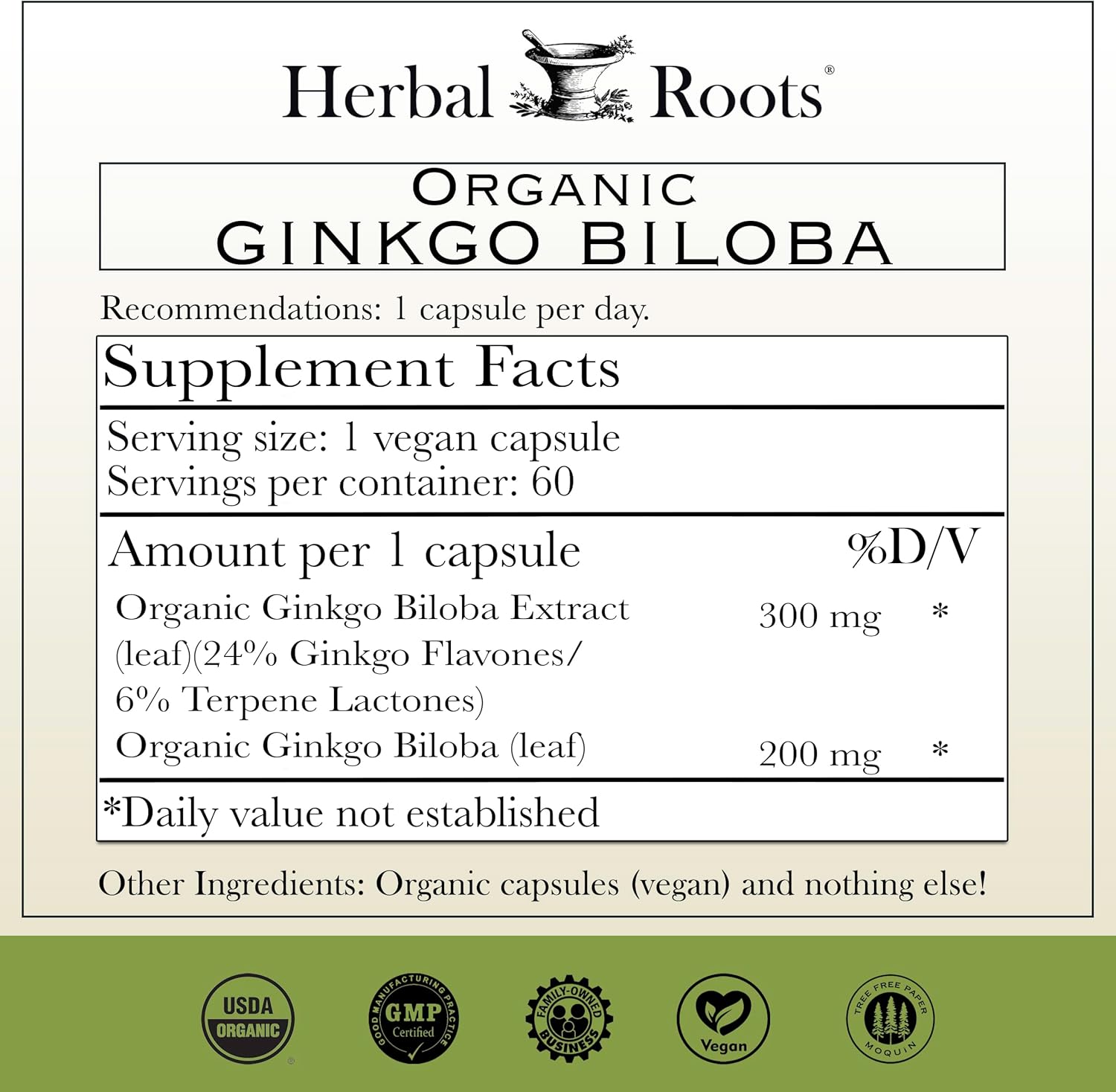 Herbal Roots Organic Ginkgo Biloba Made with Pure Organic Ginkgo Leaf and Extract - 60 Vegan Capsules - Image 3