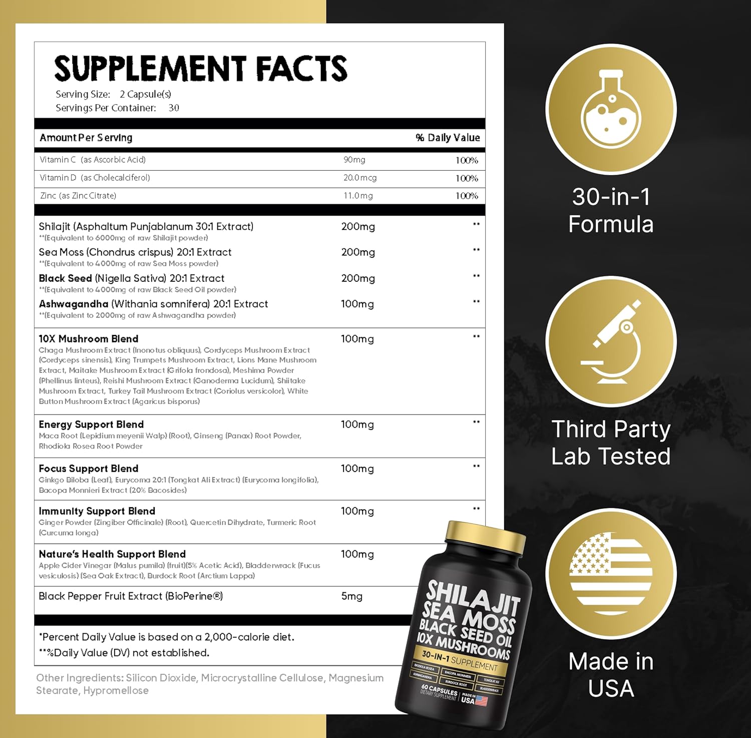 Power Blend Capsules - 30-in-1 Supplement Bundle with Shilajit 6000mg, Sea Moss 4000mg, Black Seed Oil 4000mg, Ashwagandha 2000mg, 10x Mushrooms, Tongkat Ali, Maca, Holistic Pills Combo - Image 7