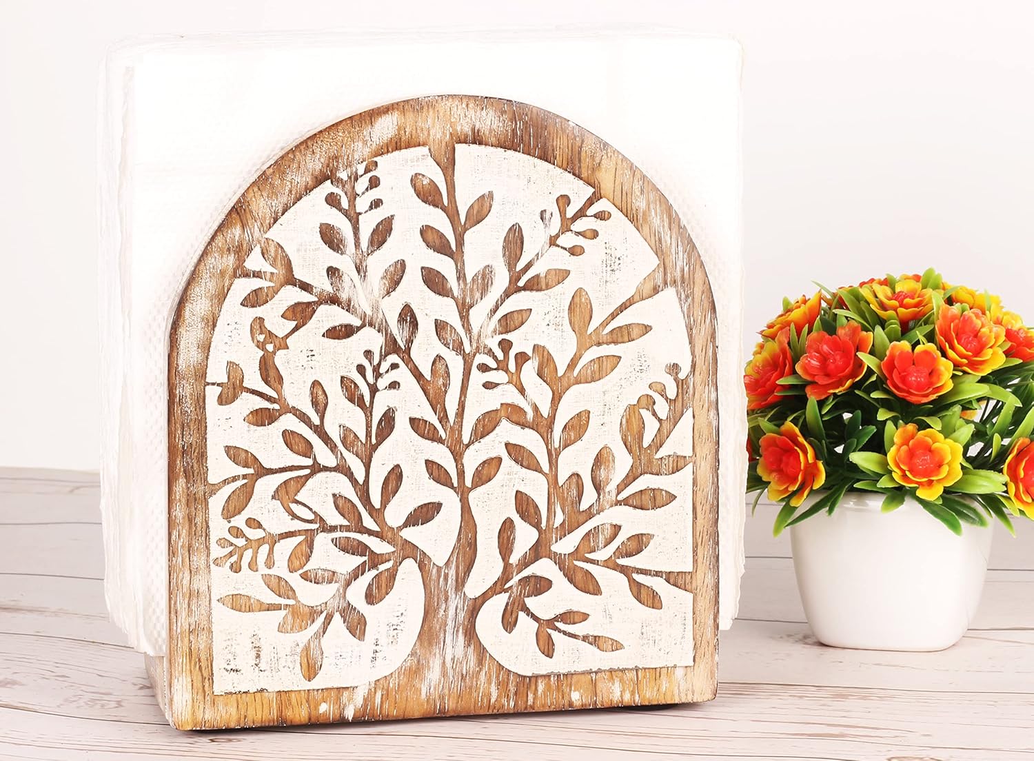 Wooden White Wash Tree of Life Tissue Paper Holder with Full Size Decorative Napkin Stand Tissue Paper Organizer for Home & Kitchen Dining Table Stand - Image 2