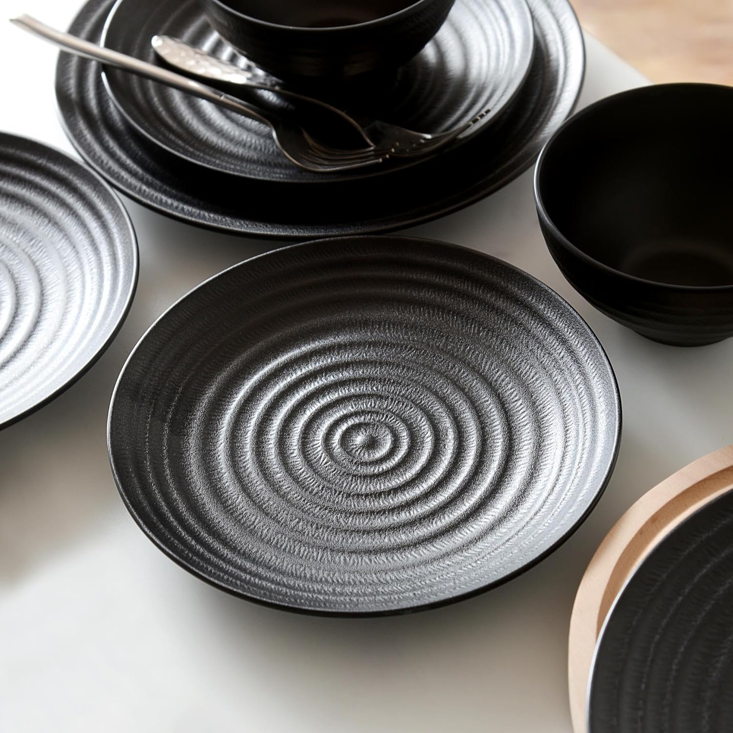 Melamine Dinnerware Sets for 4,12Pcs Plate and Bowl Set, Lightweight Dish Set for Camping,RV and BBQ, Dishwasher Safe,BPA free(Black) - Image 2