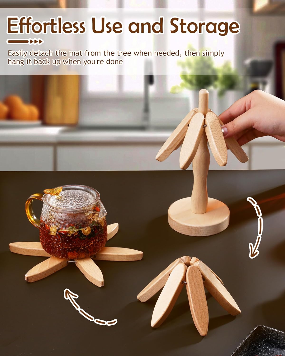 8 Inches Tree-Shaped Trivets, Collapsible Wood Place Mats for Hot Dishes Pans, Anti Stain Pot Holders for Kitchen Counter Table Home Essentials, 6PCS Wooden Coasters with 2 Organising Holders - Image 7