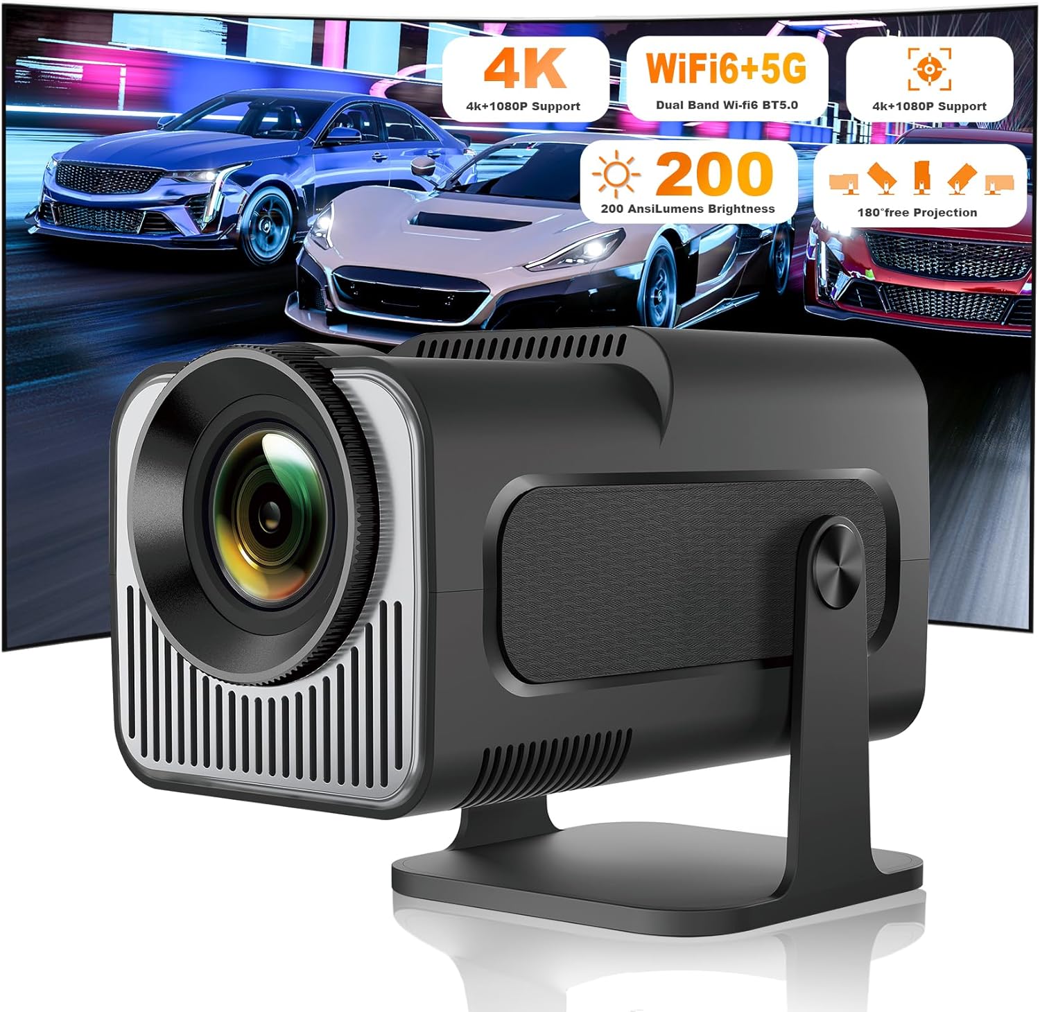 Ear&Ear Mini Projector, HY320 Portable Projector, Support 4K 1080P with Dual-Band WIFI6 5G Wireless 5.0 Bluetooth Android 11, 180° Rotatable, Auto Keystone Correction, 40"-130" Screen Video Projector - Image 2