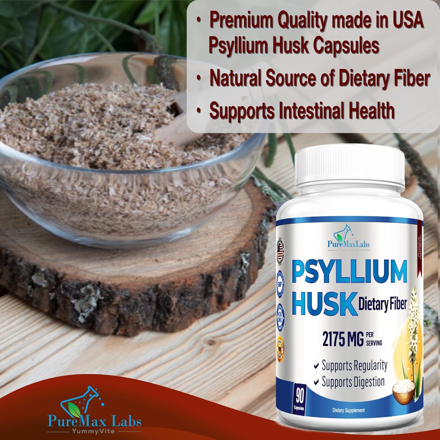 Psyllium Husk Dietary Fiber Supplement 2175mg, Non-GMO, 90 Capsules - Image 4
