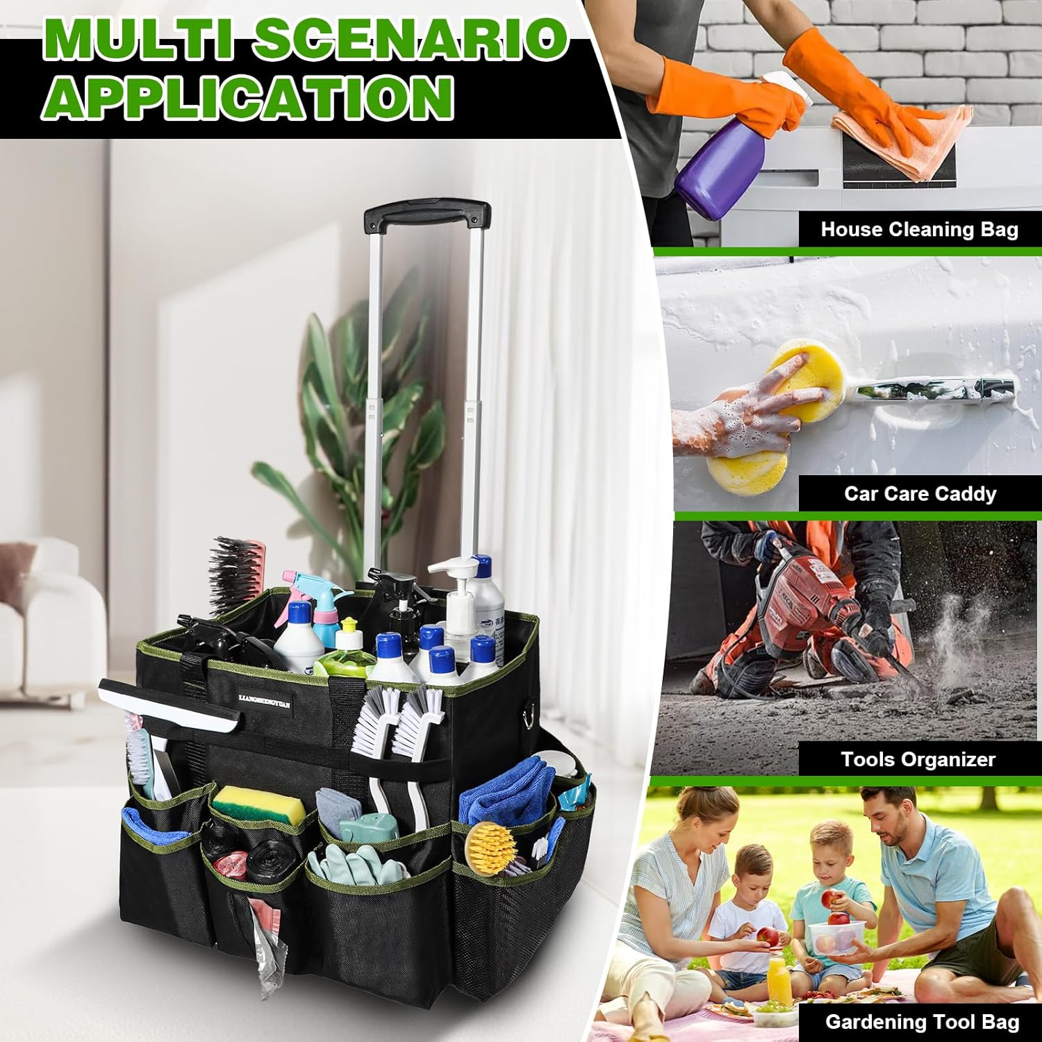 Large Rolling Cleaning Caddy Bag, Cleaning Caddy with Wheels with Detachable Trolley for Housekeepers, Water Resistant Cleaner Supplies Organizer with Wheels for Kitchen, Car, Picnic(Black-Green) - Image 8