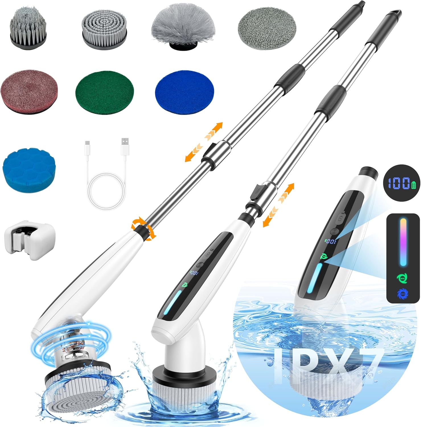 Bathroom Scrubber Electric for Electric Spin Scrubber with 8 Replaceable Brush Heads Power Scrubber 2 Adjustable Speeds,Detachable Long Handle,Voice Broadcast - Image 2