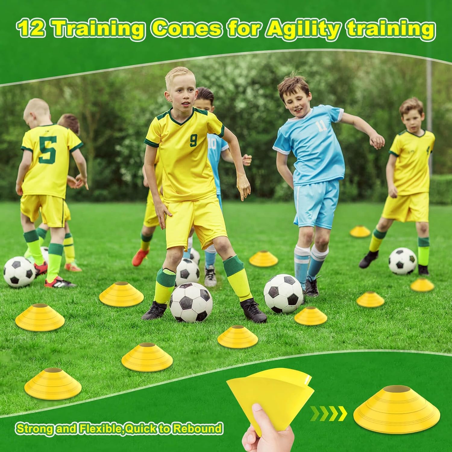 Collapsible Soccer Goal, 12×6 ft /6×4 ft Portable Soccer Goal Net for Backyard, Quick Setup Soccer Goals with 1 Carry Bag, 1 Agility Ladder, 4 Ground Nails,12 Training Cones - Image 6