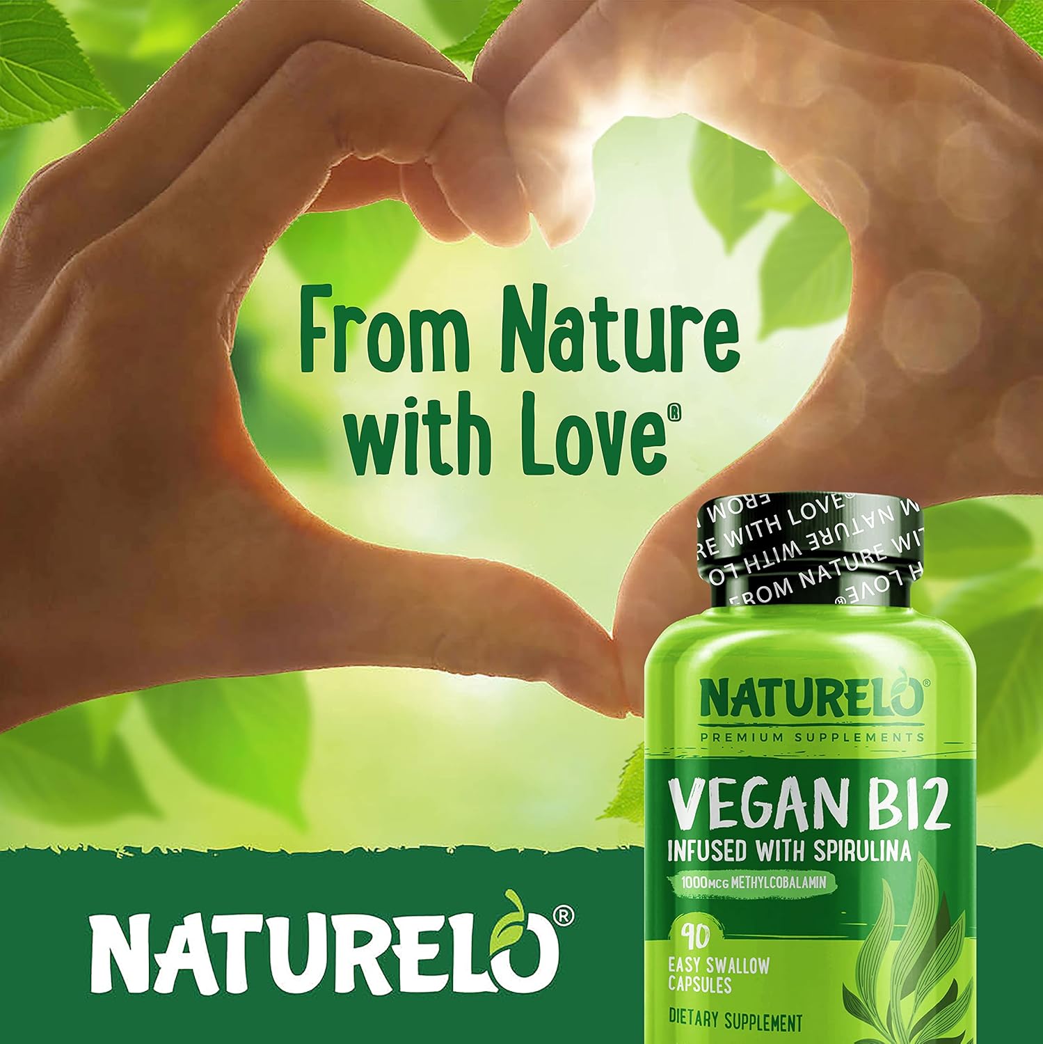 NATURELO Vegan B12 - Methyl B12 with Organic Spirulina - High Potency Vitamin B12 1000 mcg Methylcobalamin - Supports Healthy Mood, Energy, Heart & Eye Health - 90 Capsules - Image 8